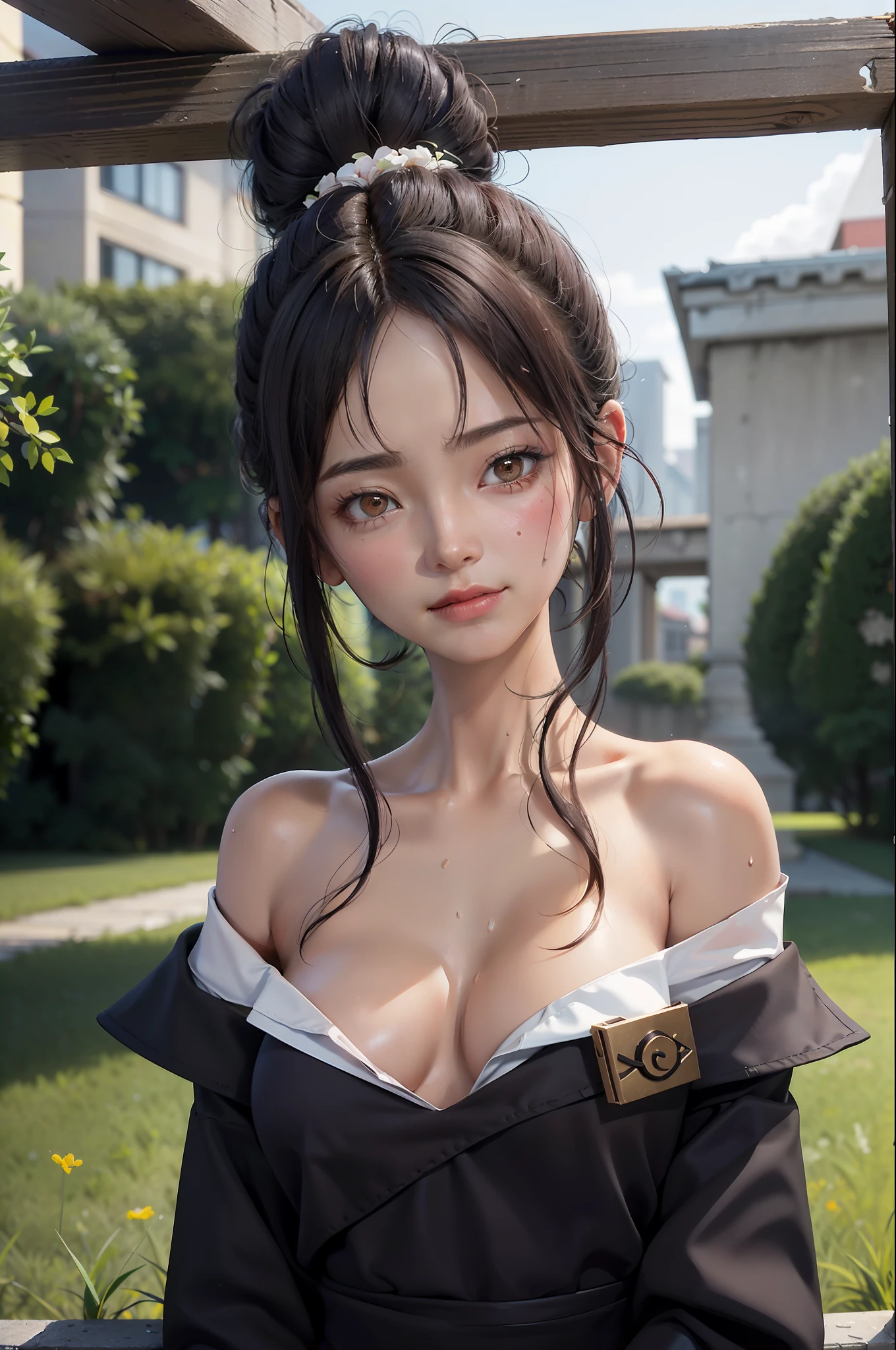 (Best Quality: 1.1), (Masterpiece: 1.2), Portrait,
1 Girl, yuzuriha_, Black hair, Brown eyes, Ninja, Off shoulder, Cleavage, Small tits, Top knot, Mid-haired, Detached breasts, White band, Grinning, Outdoors, (blush:1.1), Flowers,
Pure_Innocent_girl, pureerosface_v1, ((torso))), subjective, (((depth of field)))), pale and shiny skin, sweaty, skin wet, embarrassed, embarrassed, cheeks blush