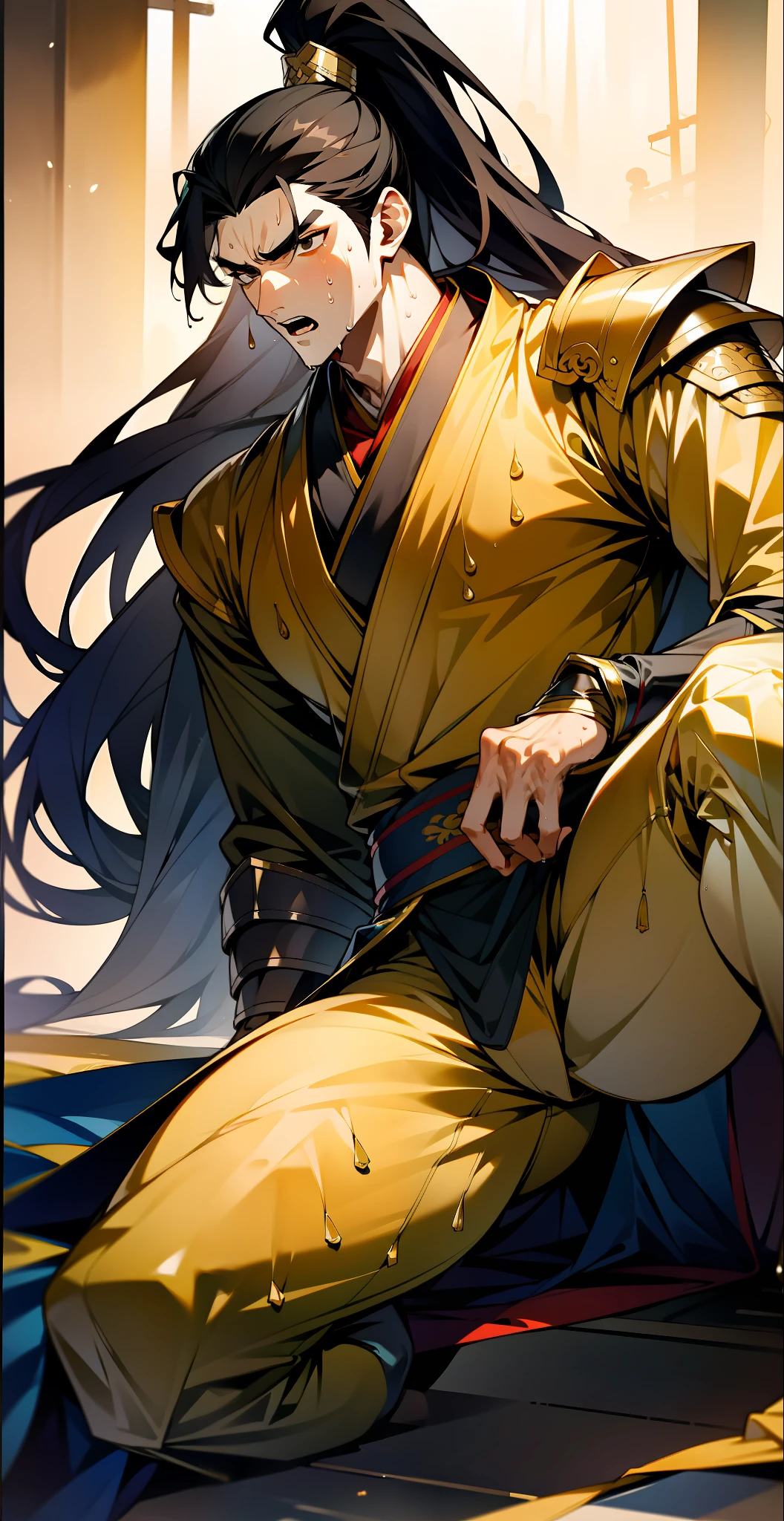 1 male, sweating, open mouth, drooling, wet, wet, sweating pectorals, sweating abs, sweating crotch, golden costume Hanfu, dragon robe, handsome face, evil, highest picture quality, dark skin, high ponytail long hair, detail Hanfu, wearing arm guards, armor, leg guards, leggings, boots (ancient Chinese military boots), looks like a general, squat, forked legs squat, half squat, crotch sweating, crotch shape, crotch sweat, long legs, leg contour, thigh close-up, calf close-up, perfect legs