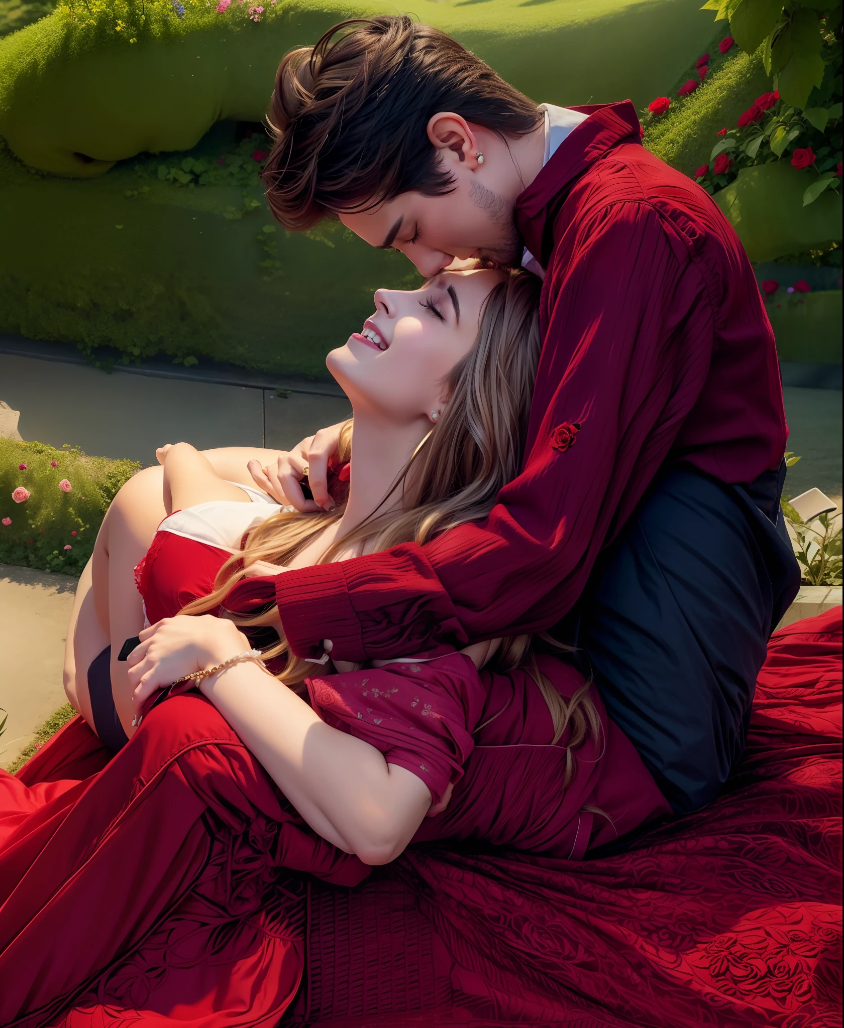 Couple in a rose garden of various colors