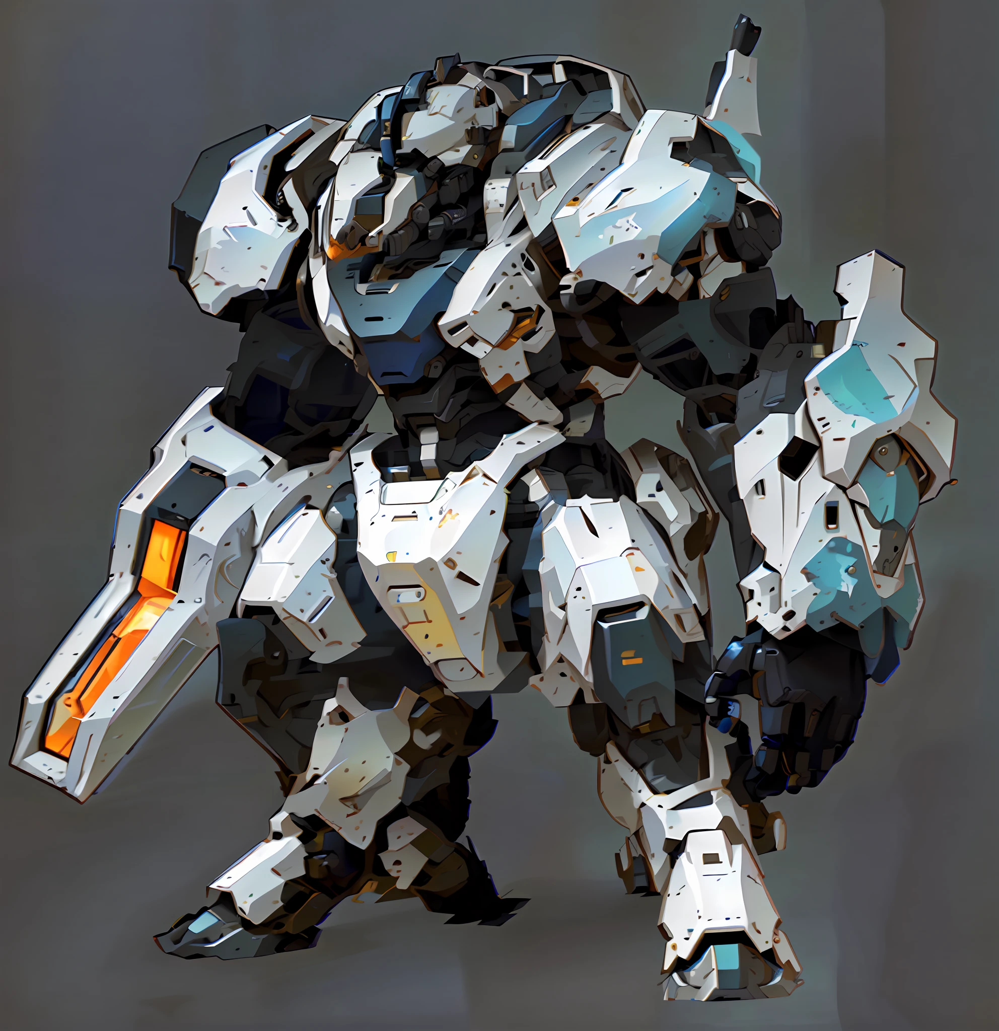 a close up of a robot with a gun on a gray background, alexandre ferra white mecha, mecha suit, cool mecha style, white mecha, alexandre ferra mecha, painterly humanoid mecha, armored core style mecha, mech concept art, full body mech, mecha art, mecha inspired, ferra white mecha