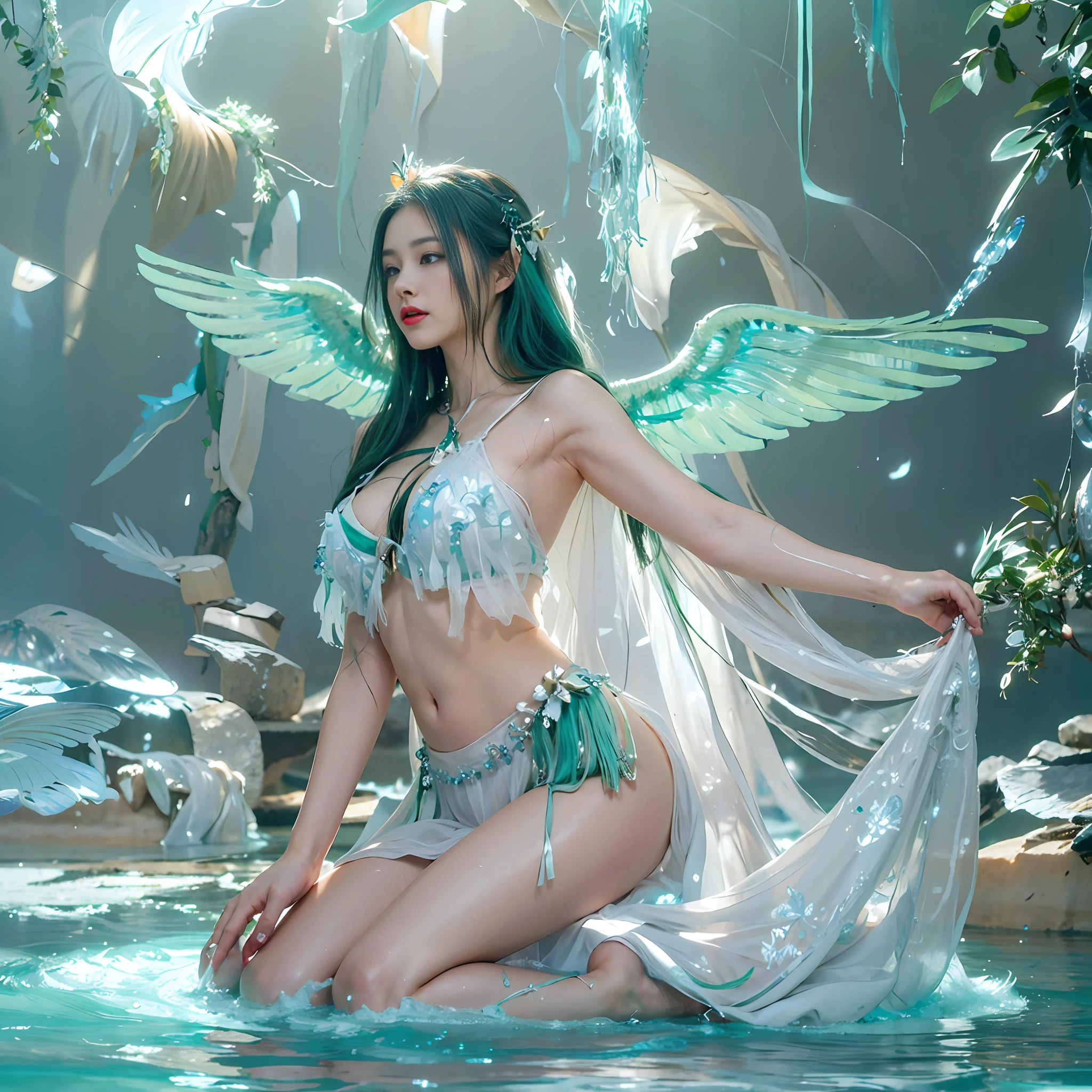 realistic hair, (details are super exquisite realistic wings:1.4),(Digital art:1.4), Fantasy creatures, non-human, fantasy realistic style, film shooting, (Octane rendering:1.4), professional photography, realism, realistic animal image, octane rendering, rich details, Natural light lighting, clear and exquisite face details, very euraic atmosphere,Atmosphere, elegant, Epic-level picture,
Mana’lon is a water spirit in Welsh mythology. She is beautiful, of medium height, and has a graceful body with skin like white jade, slightly tinted with a light green color. She has long golden hair that is soft and silky, flowing with the wind. Her eyes are a shining emerald green, exuding a strong water-like glow. Her lips are pink, slightly upturned, revealing her confidence and joy.
Mana’lon is adorned with green seaweed and coral all over her body, creating a harmonious and beautiful image. Her water silk clothing is a light green color, soft and flowing, like a fresh spring water flowing around her.
Her fingers are slender and delicate, with transparent light blue nails. She wears a stunning crystal bracelet on her wrist, shining brightly and dazzlingly.
Mana’lon controls the power of water. The decorations and water silk on her body carry the aura of water, making her seem like a water embodiment. She has the ability to control the flow of water and its movement, creating a harmonious relationship with water.
In summary, Mana’lon is a mysterious and beautiful existence, and her appearance and aura are like that of water, making people feel harmonious and joyful. Her image holds an important position in Welsh culture, representing art and wisdom, as well as symbolizing good luck and happiness.