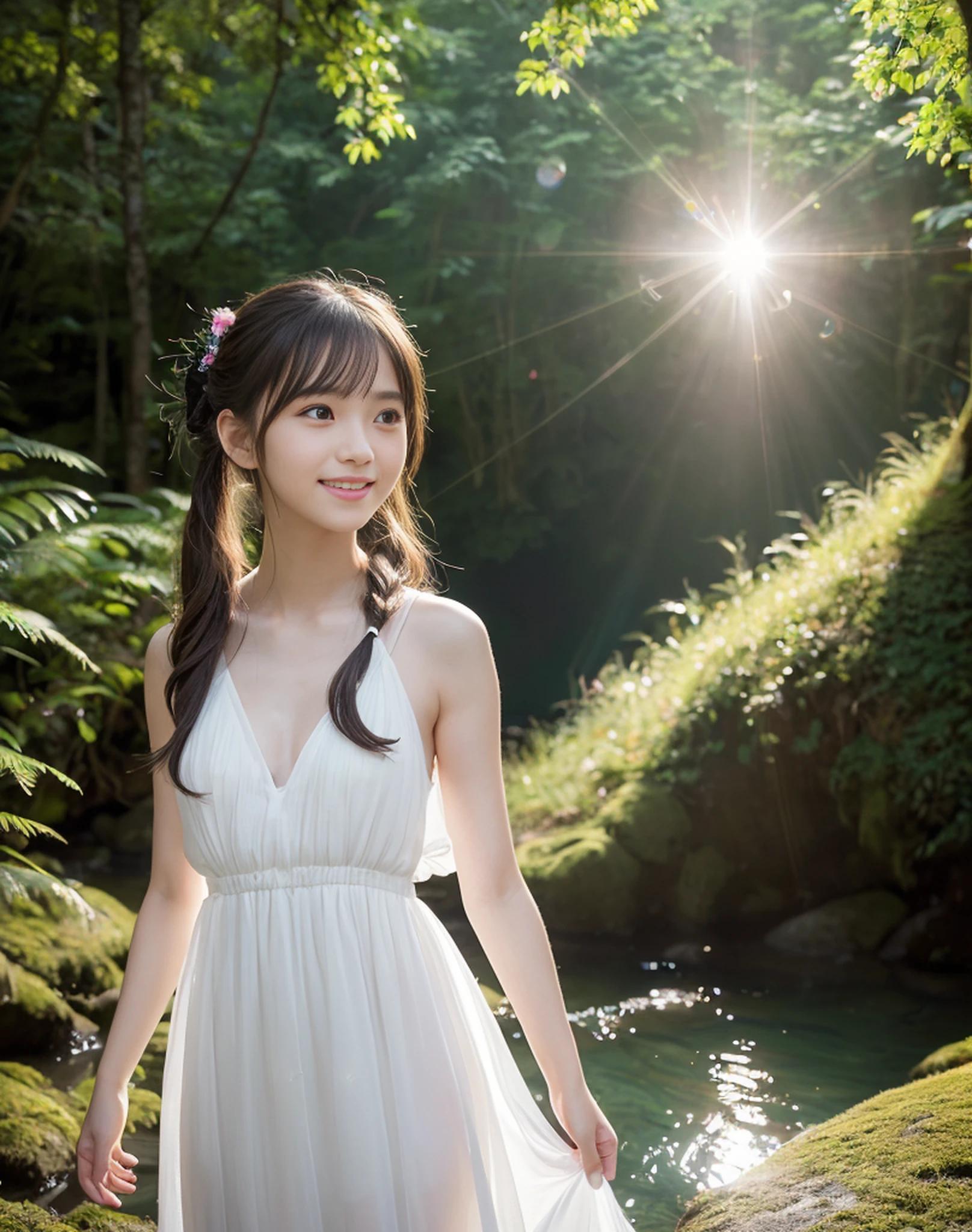 ((1 person)),((Photorealistic))), ((AKB 48))), (Full body photo)), looking up from below, twilight, facing away, ((((lens flare)))),((Backlight)))))), ((in the forest)), ((clear stream deep in the dark mountains)),((Rock in the background)),((smiling),((NIKON Z))), (19 years old),( Small bust)))), (((White dress)))), ((((Pore feeling)))), (skin feeling))))), (Photorealism: 6, Realistic))))), (sideways and turning around pose))),Perfect chest shape, bare buttocks, side ponytail, ribbons, hair ornaments, pale skin, looking at the viewer, small waist