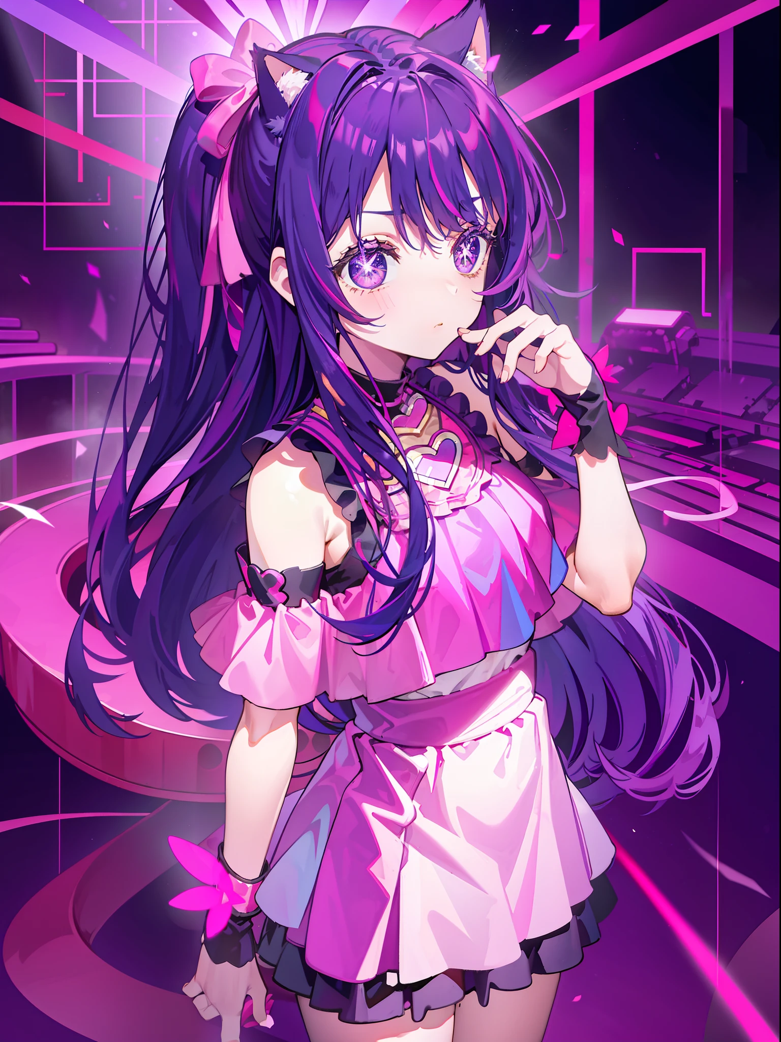 A ***********, Shoulders Long Hair, Purple Hair, Small Purple Cat Ears, A Purple Cat Tail, Idol Clothes, Amine Style