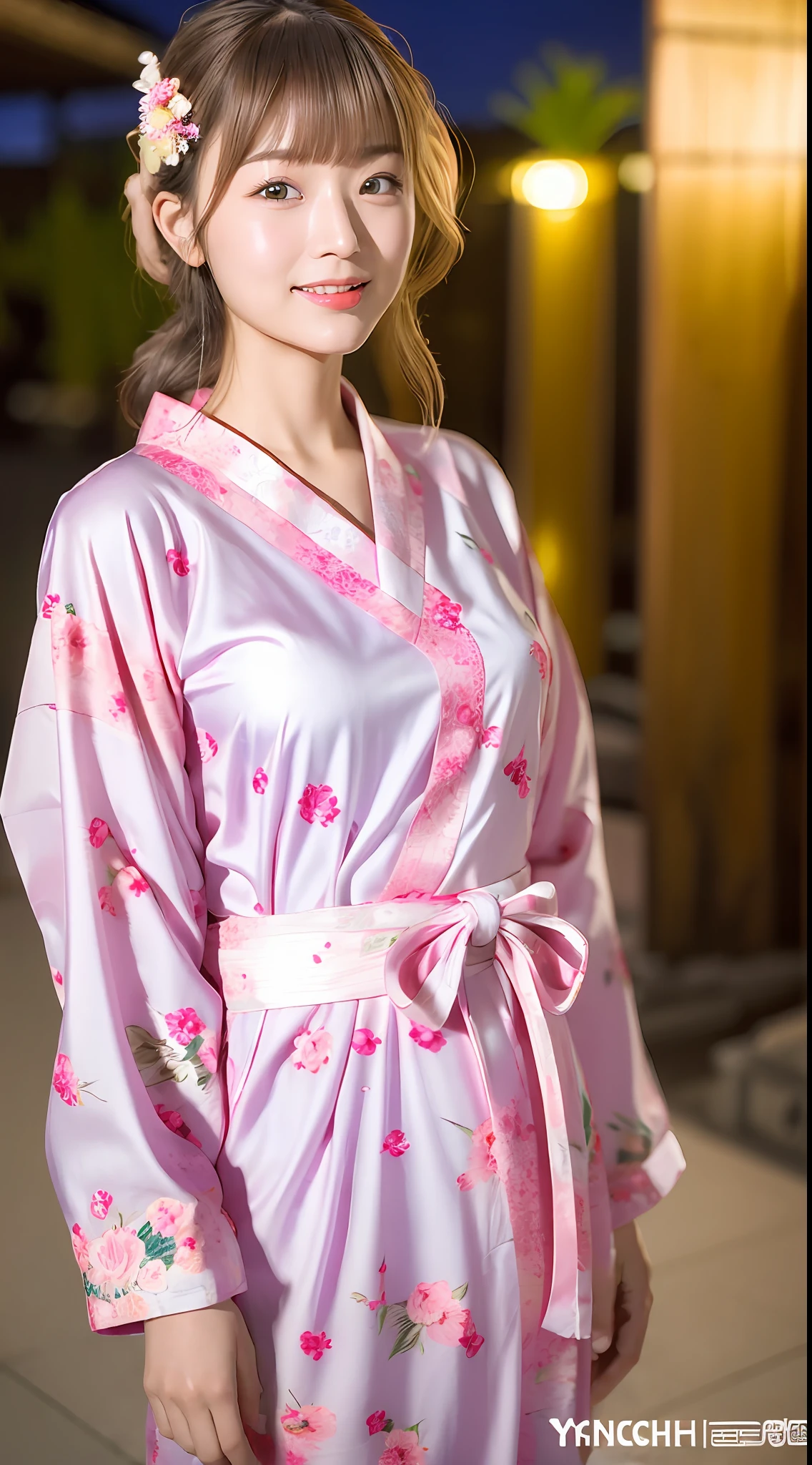(yinchuan:1.5), close-up, masterpiece, best quality, raw photo, photorealistic, big breasts, beautiful and perfect face, soft smile, 20 year old girl, light pink yukata, floral yukata, legs visible, night, middle hair, depth of field, high resolution, detailed face, fine details, intricate details, beautiful eyes,