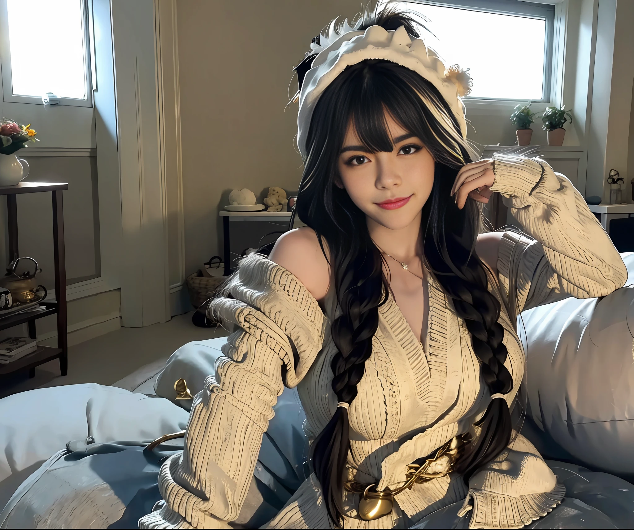 Long eyelashes, hair over the shoulder, black hair, sun, monochrome picture, natural light, natural law, goddess, shepherd, thick eyebrows, half-closed eyes, thick lips, proud, seductive smile, bangs, french braids, messy hair, head flowers, sunburst jewelry, fur shawl, knitted hat, martin boots, tilted head, see through bangs, meditation, autumn, meadow, 8K, master works,