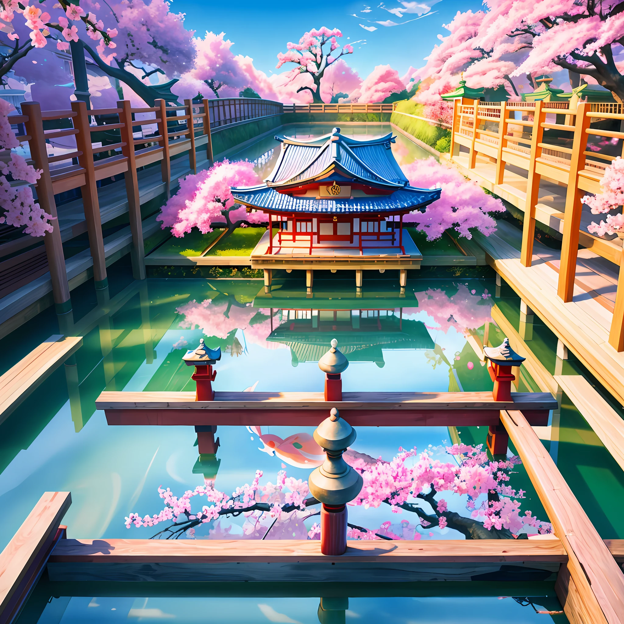 (digital painting),(best quality), serene Japanese garden, cherry blossoms in full bloom, koi pond, footbridge, pagoda, Ukiyo-e art style, Hokusai inspiration, Deviant Art popular, 8k ultra-realistic, pastel color scheme, soft lighting, golden hour, tranquil atmosphere, landscape orientation