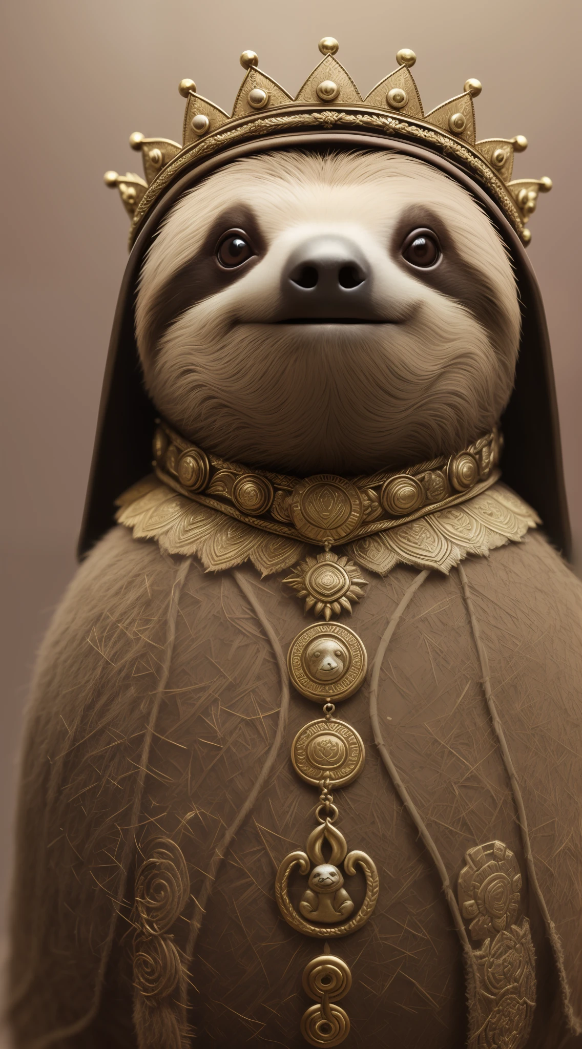 Sloth with crown, arms crossed behind it, ([tail | detail wire]: 1.3), (complex detail), HDR, (complex detail, super detail: 1.4), 4k texture, soft cinematic light, photolab, HDR, complex and elegant, cinematic shot, vignette, centered