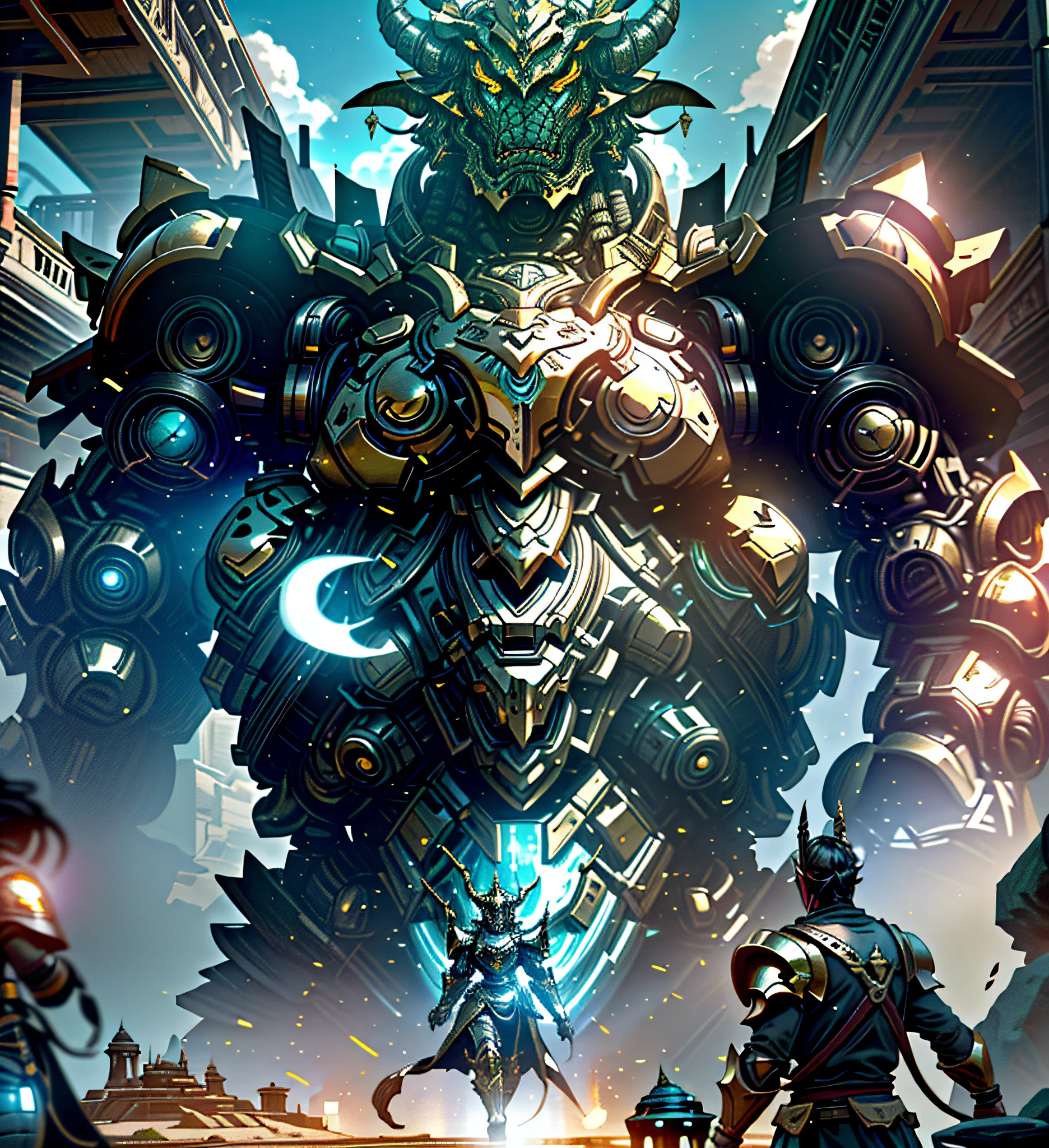 Sturdy armour, old, 90, Inorganic giants, golems, fantasy, super robots, horns, ancient civilisations, villain, dragon,
