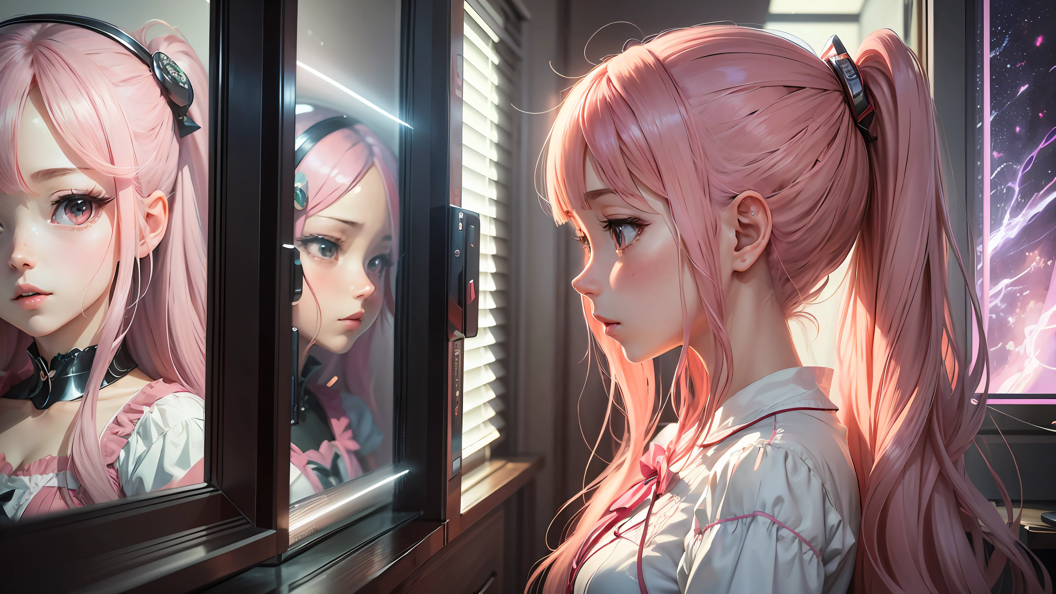anime girl with long hair and a pink dress standing in front of a mirror, portrait anime girl, anime style 4 k, detailed portrait of anime girl, portrait of anime girl, portrait of an anime girl, anime girl portrait, beautiful anime portrait, profile of anime girl, realistic anime artstyle, beautiful anime girl, anime girl portrait profile, smooth anime cg art --auto --s2