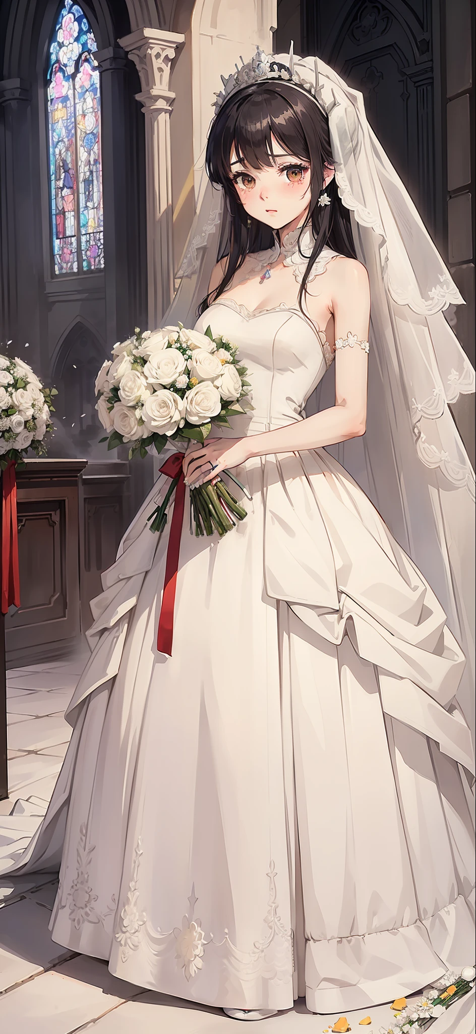 Girl full body 2D drawing, 1, royal sister, (((wearing a white wedding dress, holding a bouquet in her hand))), intricate details, height 170cm, tears, five fingers, tall, one hand wipes tears, the church is brightly lit