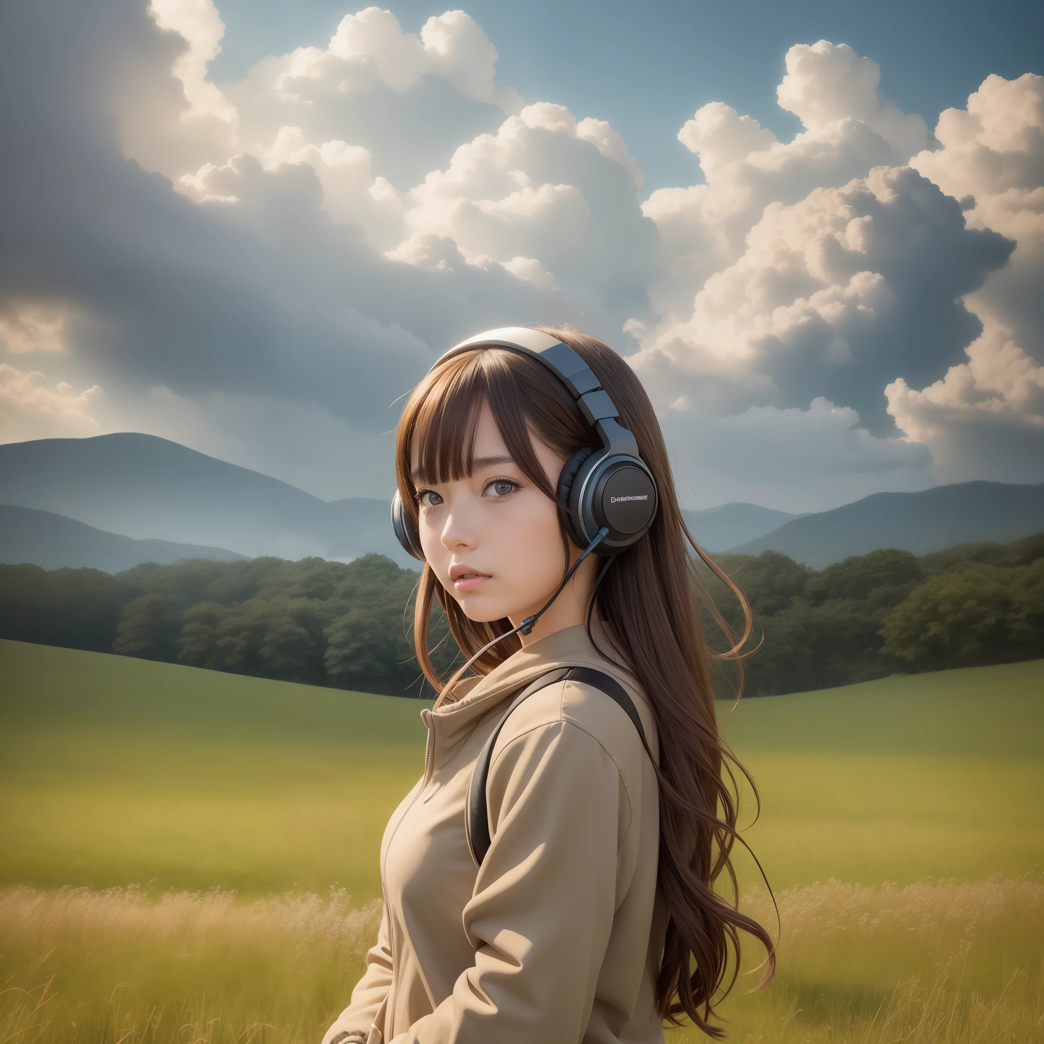 an anime girl wearing headphones and standing in a field, in the style of realistic hyper-detailed portraits, cabincore, earthy colors, ambitious, dinopunk, atmospheric clouds, bold, manga-inspired characters