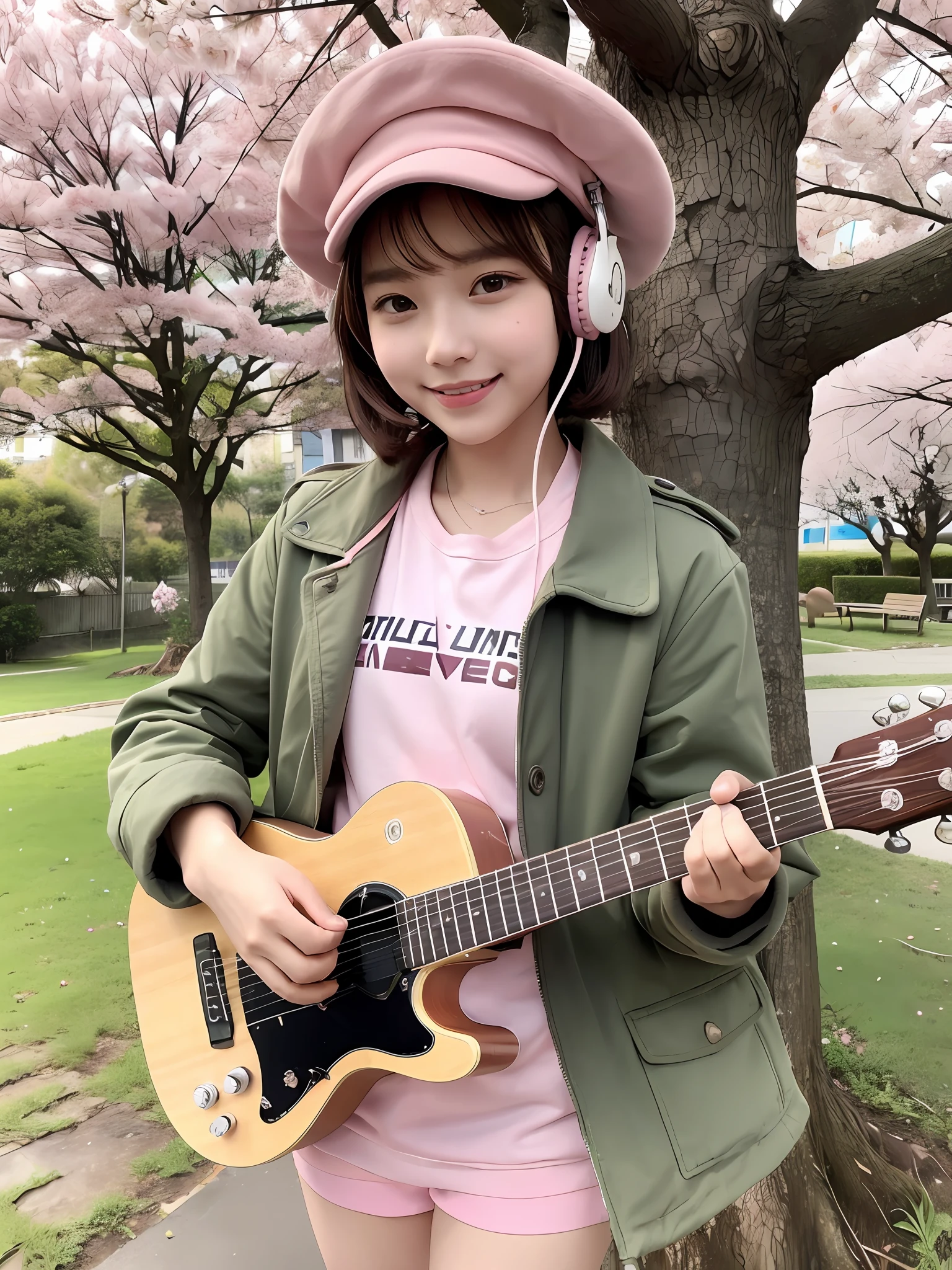 (Daisaku), (Extreme Quality), (Super Meticulous), (Full Body: 1.2), 1girl, Chibi, Cute, Smile, Open Mouth, Flower, Outdoor, Play Guitar, Music, Berets, Hold Guitar, Coat, Blush, Tree, Shirt, Short Hair, Cherry Blossoms, Green Headgear, Misty, Brown Hair, Blush Sticker, Long Sleeves, Bangs, Headphones, Brunette Hair, Pink Flower, (Beautiful Delicate Face), (Beautiful Delicate Eyes),