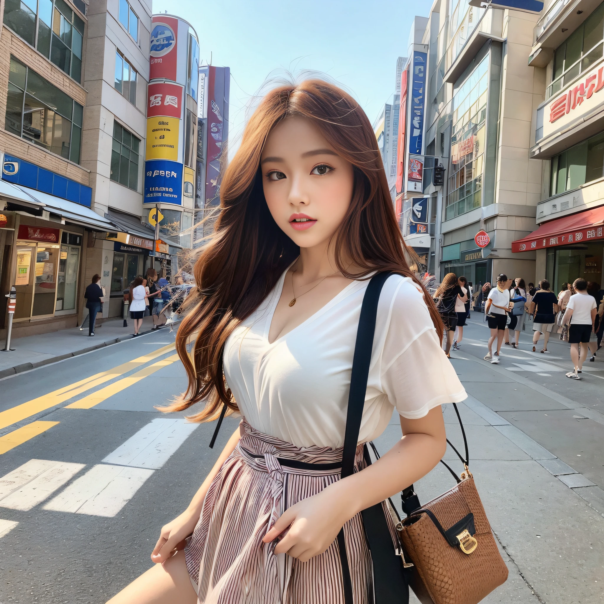 (Masterpiece: 1.3+,16k:1.2,Best Quality:1.2,Anatomy:1.2),(Sexy,Chubby),Girl,(Waist line = emphasis,Thigh details:0.9),(Long hair,Brown hair,Redhead,Red-brown hair:1.3,Eye color=black),(Summer fashion,),Summer expression,Daytime scene,Japan office district background,Soft light)
