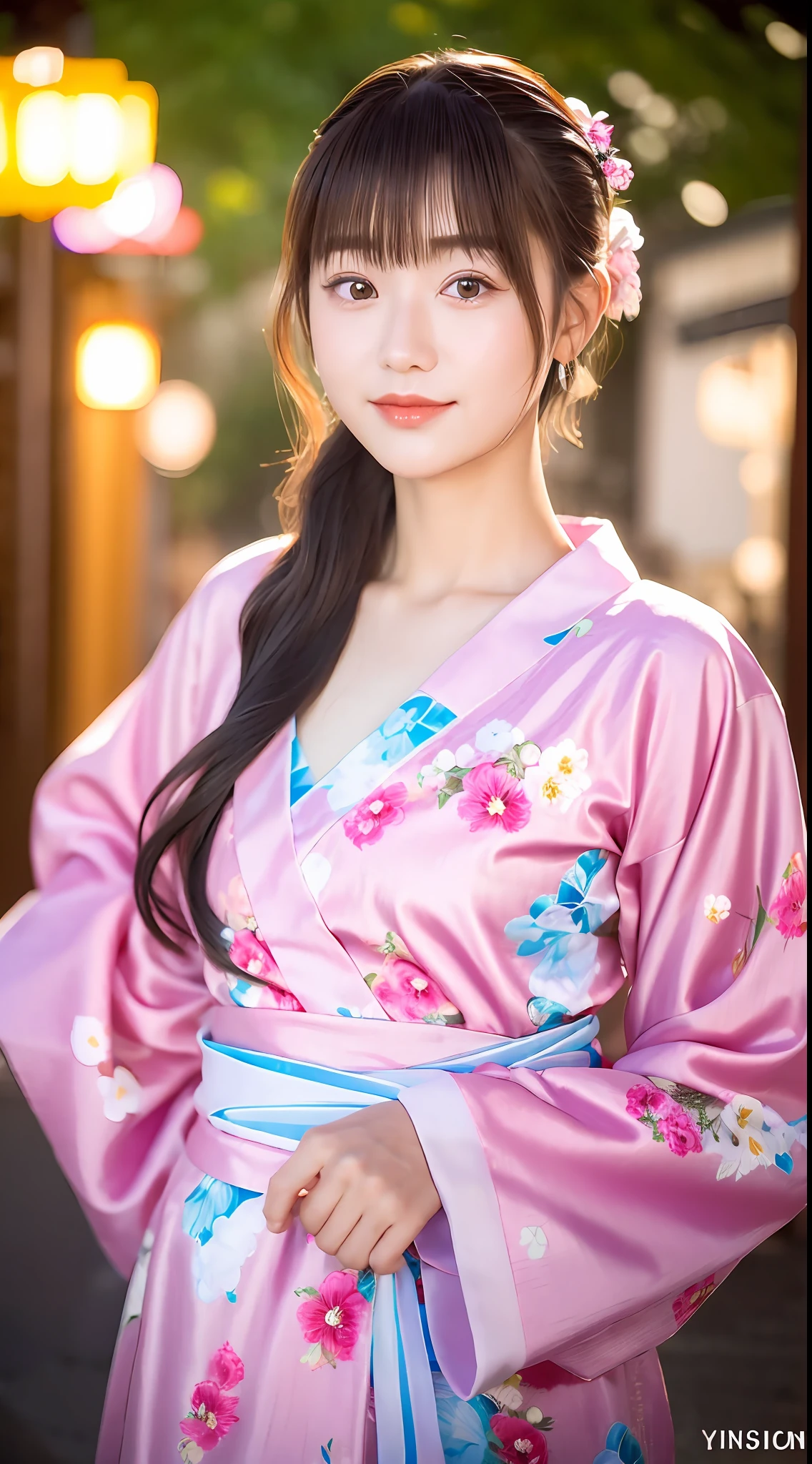 (yinchuan:1.5), close-up, masterpiece, best quality, raw photo, photorealistic, big breasts, beautiful and perfect face, soft smile, 20 year old girl, light pink yukata, floral yukata, night, middle hair, depth of field, high resolution, detailed face, fine details, intricate details, beautiful eyes,