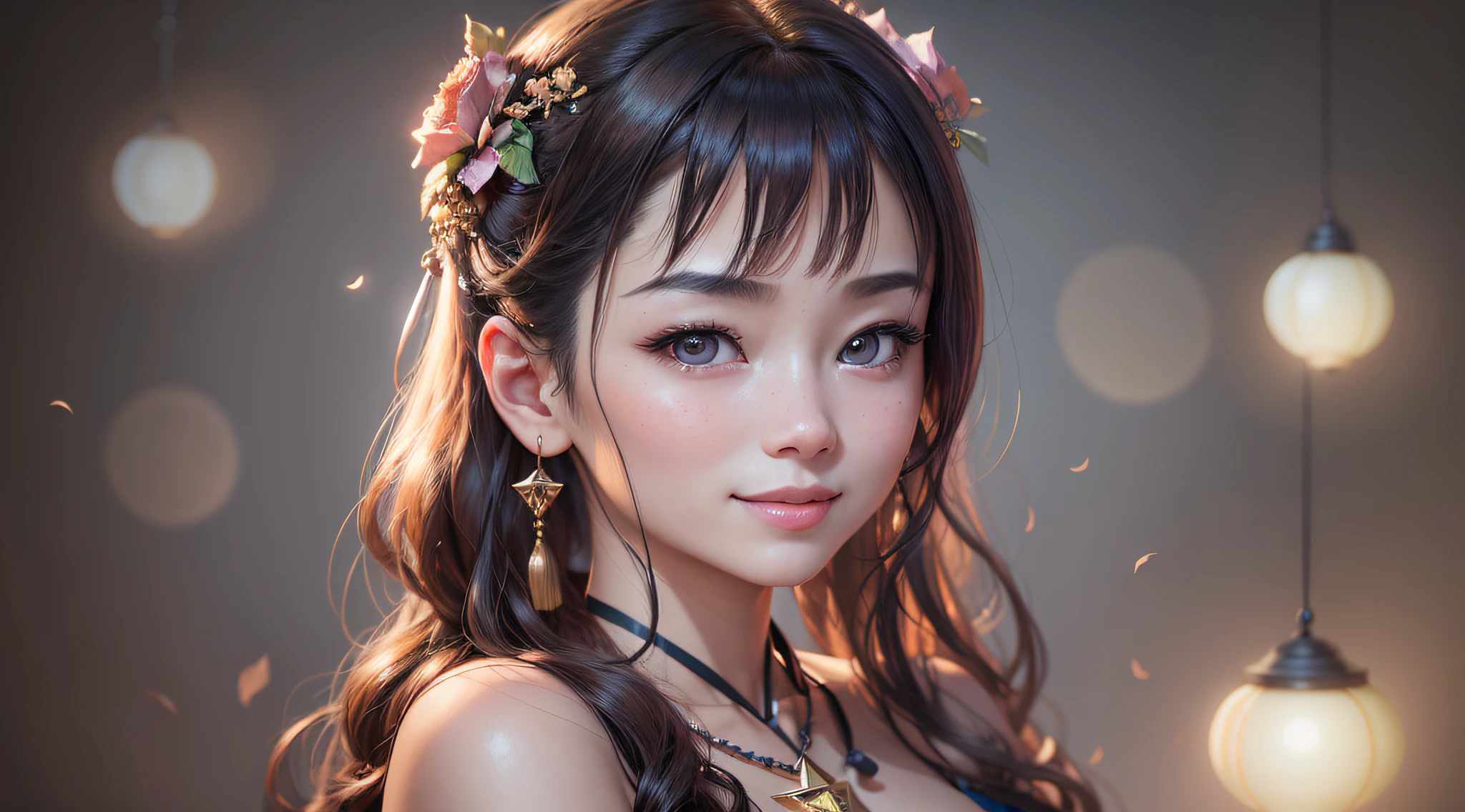 best quality, masterpiece, high resolution, 1girl,blush,(seductive smile: 0.8),star-shaped pupils,china hanfu,hair ornament,necklace,jewelry,beautiful face,upon_body, tyndall effect,photorealistic, dark studio, rim lighting, two tone lighting, (highly detailed skin: 1.2), 8k uhd, dslr, soft lighting, high quality, volumetric lighting, sincere, Photography, high resolution, 16k, 32k, Bok --auto --s2