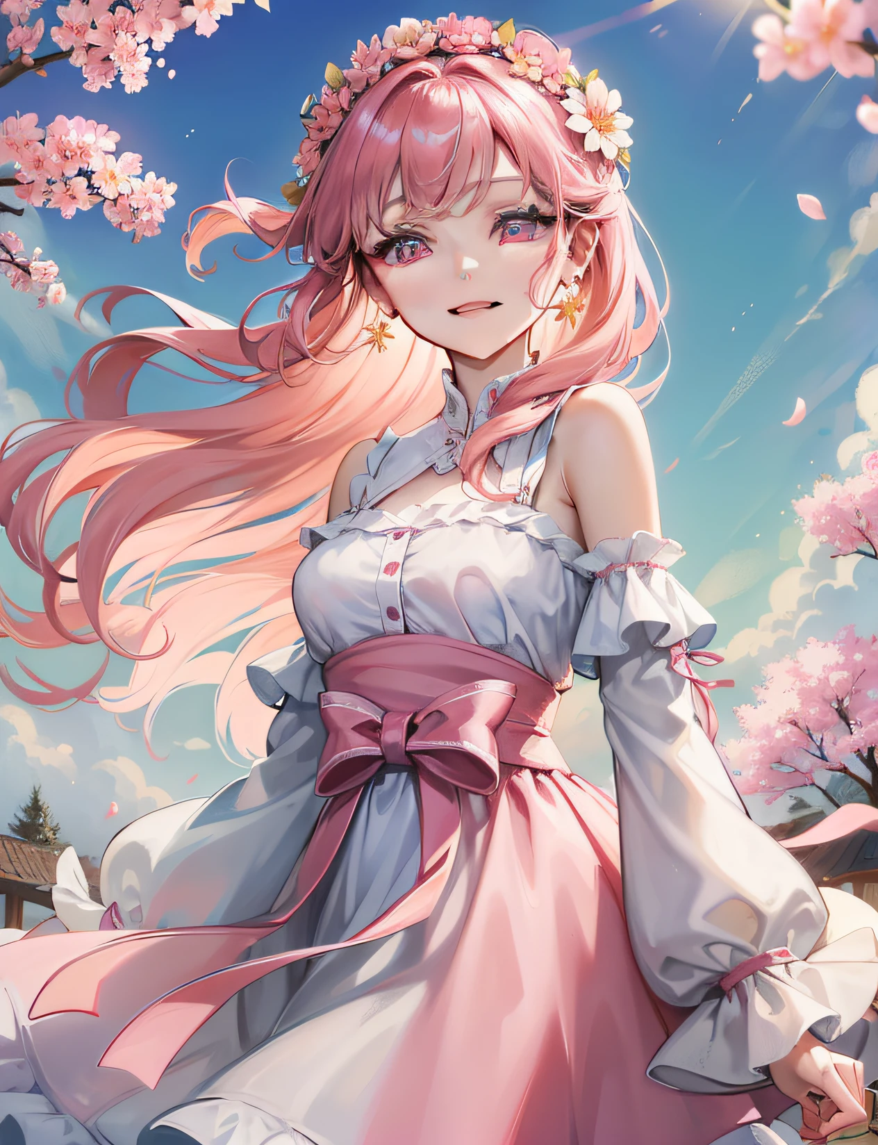 cherry_blossoms, falling_petals, petals, branches, pink_flower, 1 girl, 20 years old, blue_sky, spring_ \ (season \), petals_on_liquid, flowers, hanami, dress, (golden long curly hair: 1.5), wreath, sky, outdoor, clouds, bangs, smile, pink eyes, cherry white dress, bare shoulders, earrings, Top quality. Perfect picture. holding_flower, wind, tree, looking_at_viewer, cowboy shot, detail enhancement, blush, cute smile