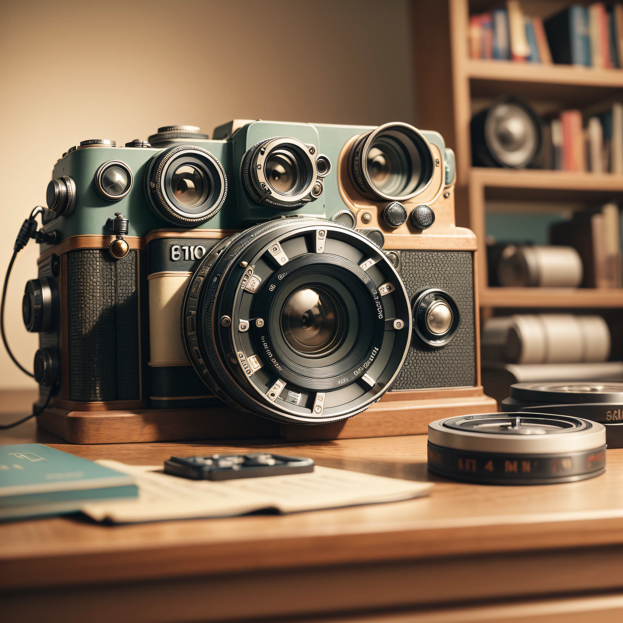 There's a camera sitting on a desk with a bookshelf in the background, it provides an exploded view of a retro camera, showing the intricate details of its mechanical components. Capture the warmth of the lighting to emphasize its vintage appeal. Set in a vintage workshop. --AR 7:4 --auto --s2