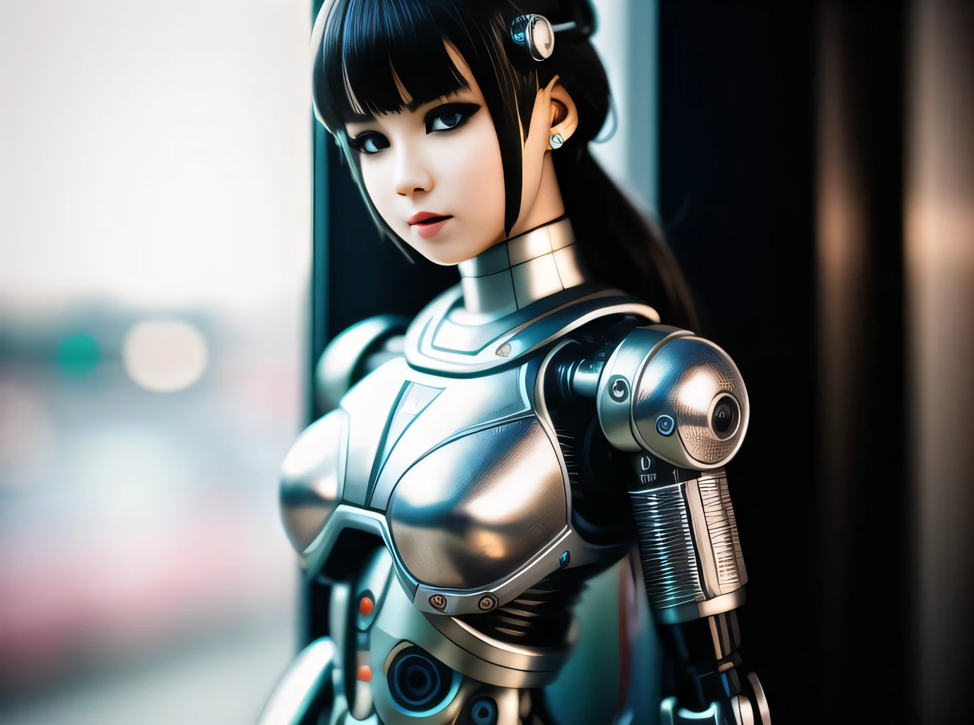 a cute girl made out of metal, (cyborg:1.1), ([tail | detailed wire]:1.3), (intricate details), hdr, (intricate details, hyperdetailed:1.2), cinematic shot, vignette, centered