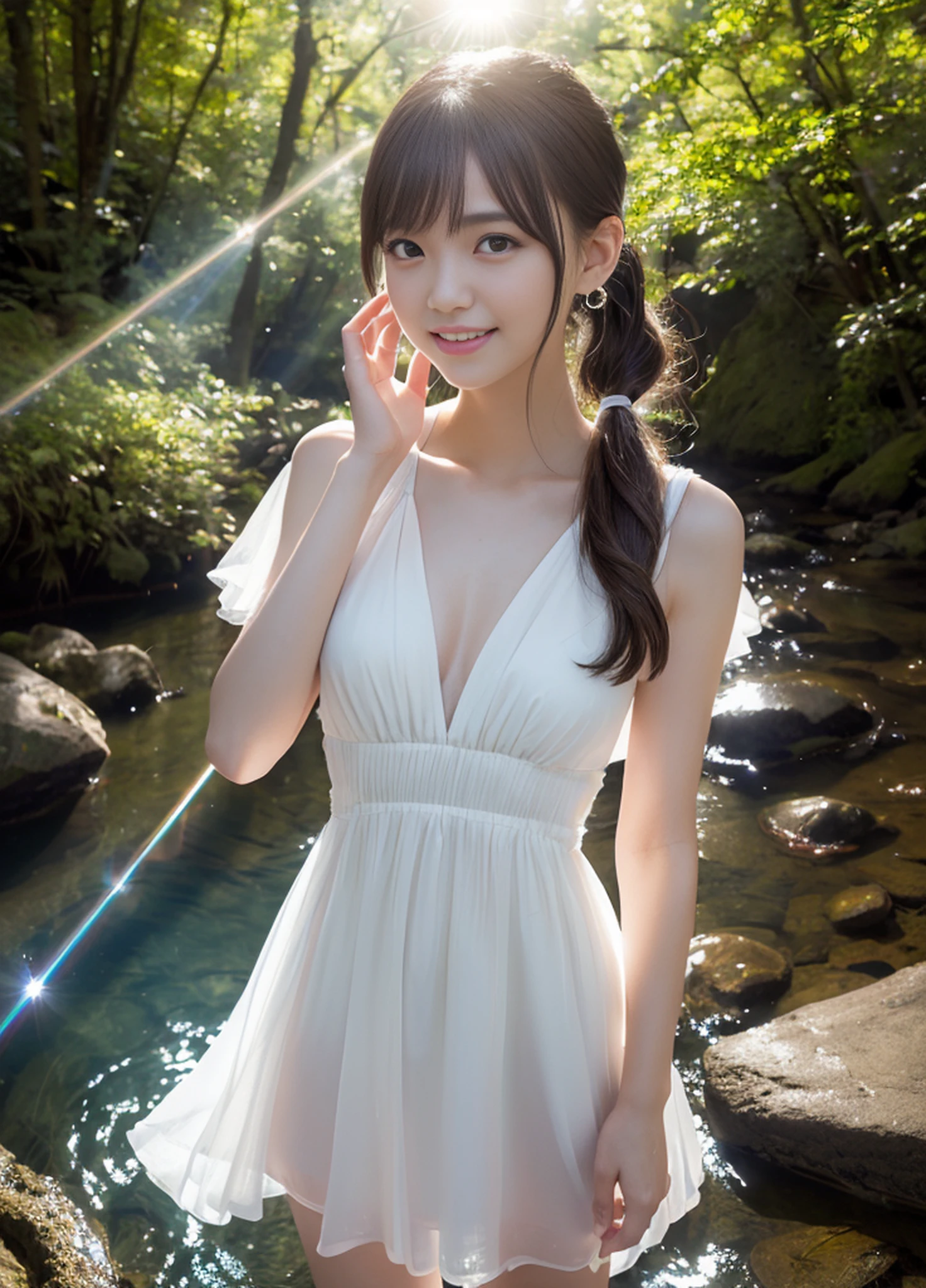 ((1 person)),((Photorealistic))), ((AKB 48))), (Full body photo)), looking up from below, twilight, facing away, ((((lens flare)))),((Backlight)))))), ((in the forest)), ((clear stream deep in the dark mountains)),((Rock in the background)),((smiling),((NIKON Z))), (19 years old),( Small bust)))), (((White dress)))), ((((Pore feeling)))), (skin feeling))))), (Photorealism: 6, Realistic))))), (sideways and turning around pose))),Perfect chest shape, bare buttocks, side ponytail, ribbons, hair ornaments, pale skin, looking at the viewer, small waist