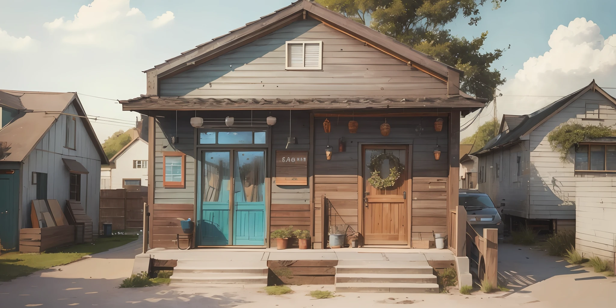 Simple house, popular beach house, big and simple house, super detailed, (masterpiece), (best quality), super detailed, beach house with garden and surrounded by a fence of balusters, in a small town by the sea,8k.