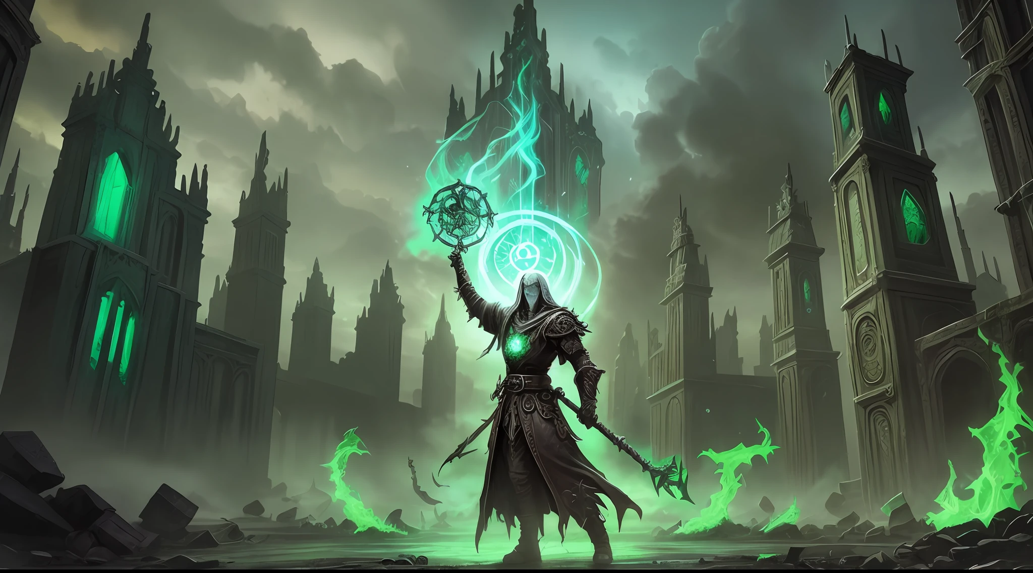Necromancer, Green Light, Staff, Five Fingers, Plague Spell, Hellfire, Doomsday, Ruins, Shadows, Adventure, Exploration, Escape, Independence, Survival, Resourcefulness, Challenge, Perseverance, Endurance, Observation, Intuition, Adaptability, Creativity, Imagination, Artistry, Awe, Wonder, Epic Fantasy Style Art --auto --s2