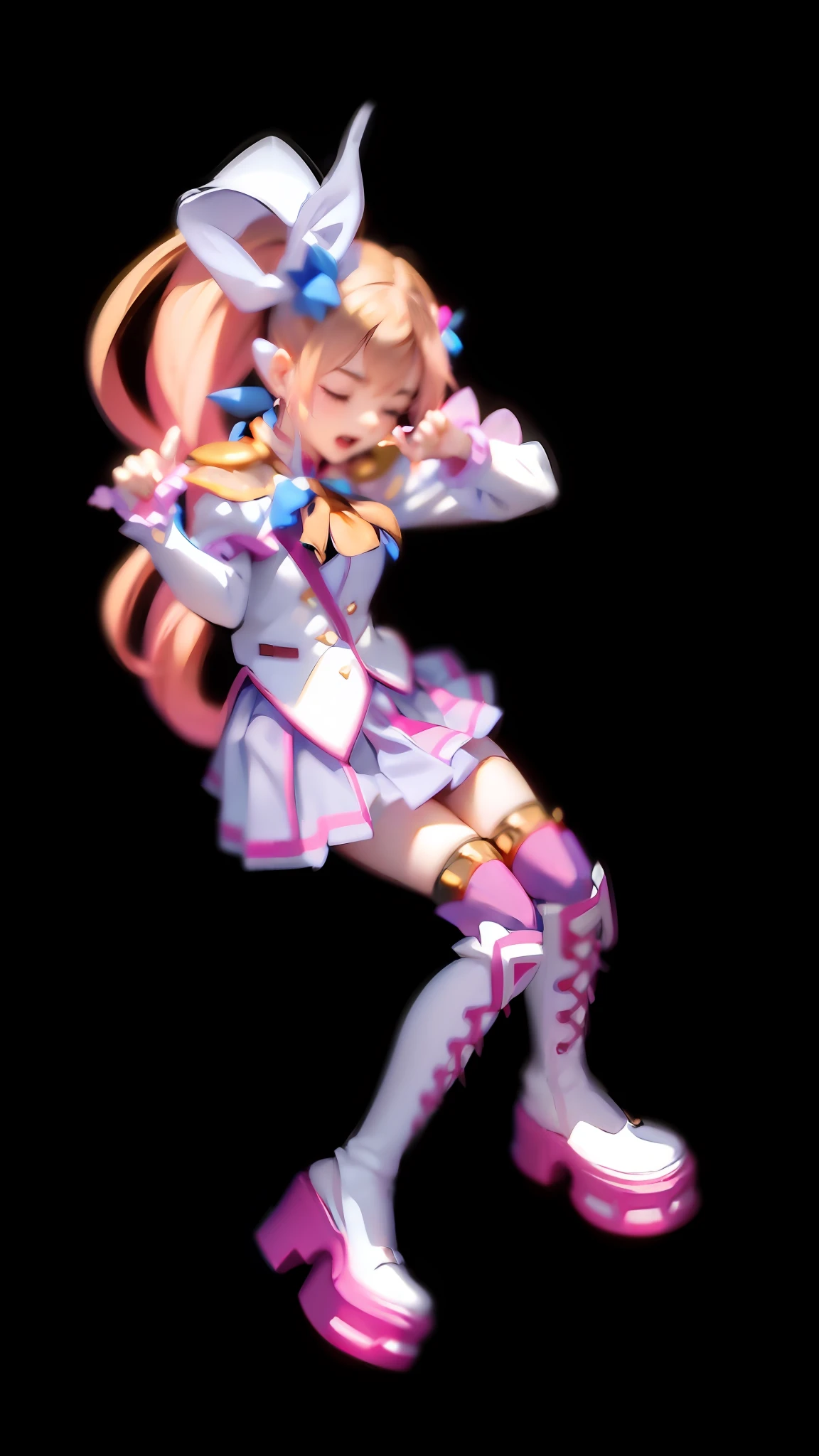 (lora:QuickHand:1.2), (Masterpiece:1.5), (Best quality:1.5), 8k,(Perfect Hand: 1.5),1 girl,Perfect hand, Closed eyes, open mouth, pink hair, single ponytail, white top, pink pleated skirt, pink over-the-knee socks, white boots, (no background: 1.5), skinny legs, (cat's claw gesture: 1.5),