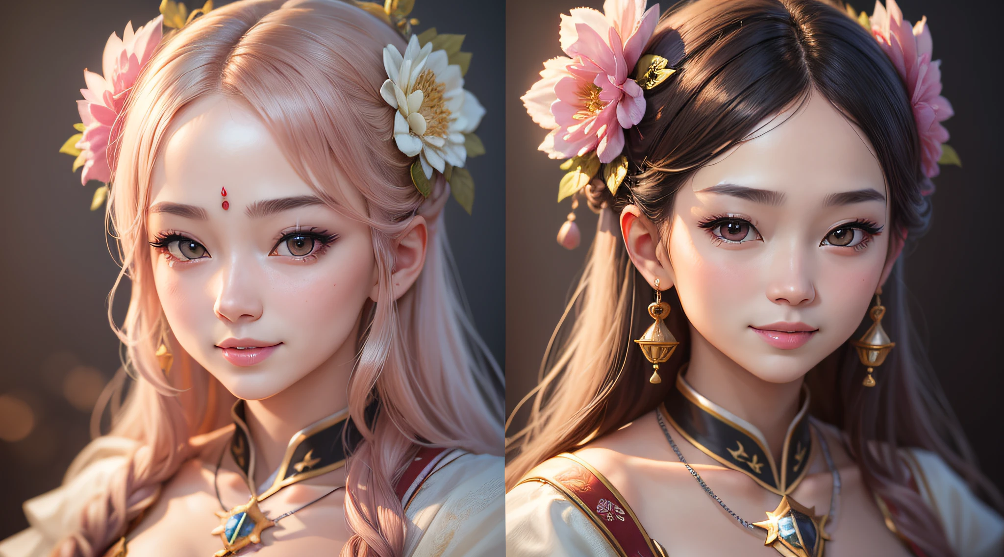 best quality, masterpiece, high resolution, 1girl,blush,(seductive smile: 0.8),star-shaped pupils,china hanfu,hair ornament,necklace,jewelry,beautiful face,upon_body, tyndall effect,photorealistic, dark studio, rim lighting, two tone lighting, (highly detailed skin: 1.2), 8k uhd, dslr, soft lighting, high quality, volumetric lighting, sincere, Photography, high resolution, 16k, 32k --auto --s2