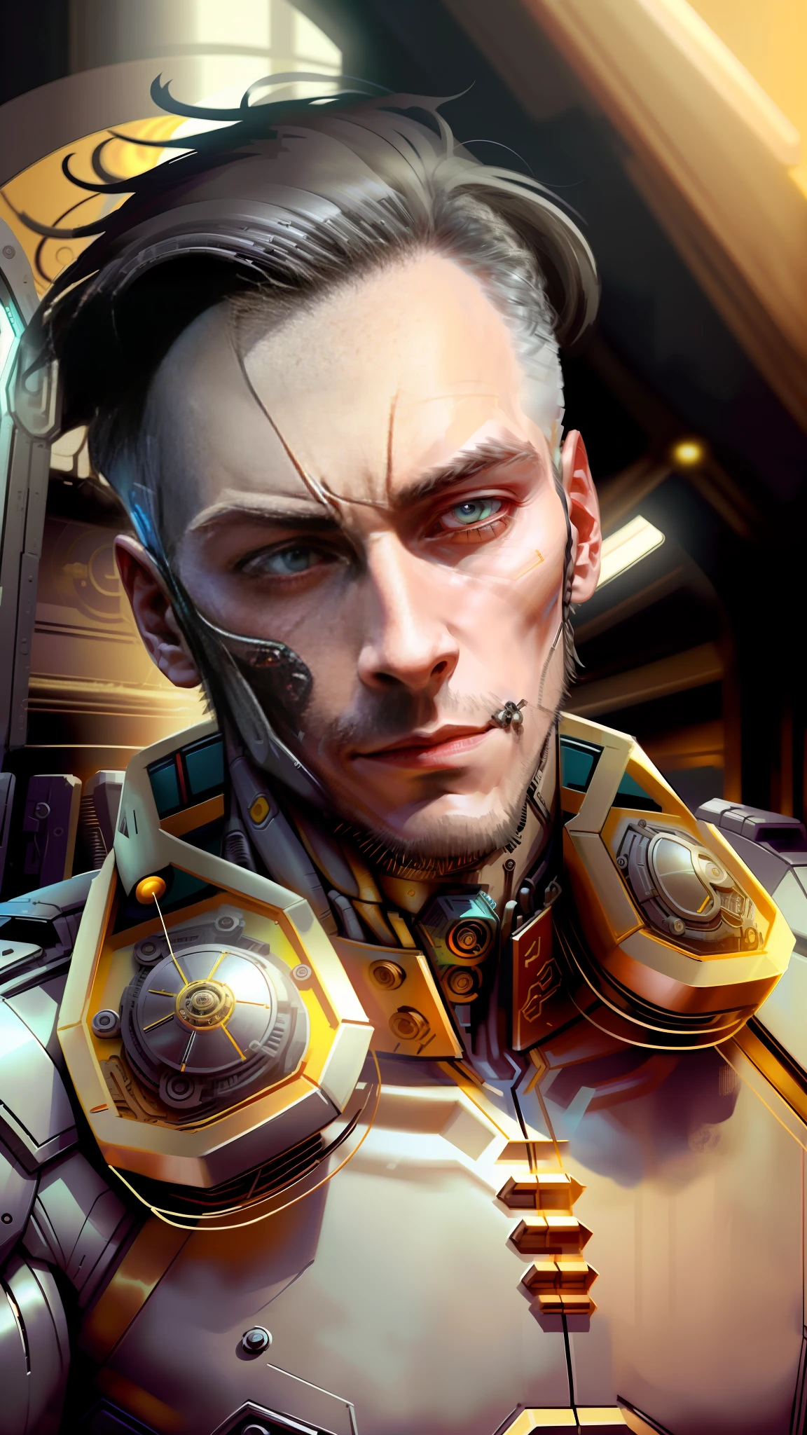 A cybernetic man in the range of 27 years old, muscular stereotype, with cowboy hat (mechanical parts: 1.5), fighting, bright eyes, short hair, tight supersuit torn, in a destroyed city, smoke and fire, aura of brilliant power, dynamic pose, dynamic vision, hyper detailed, 8k quality, with tattoo on the arm, mechanical roman watch on the chest, merge images,  hyper realism. Enjoy original photo base, mechanical and human bust. With gray goatee and gray hair.