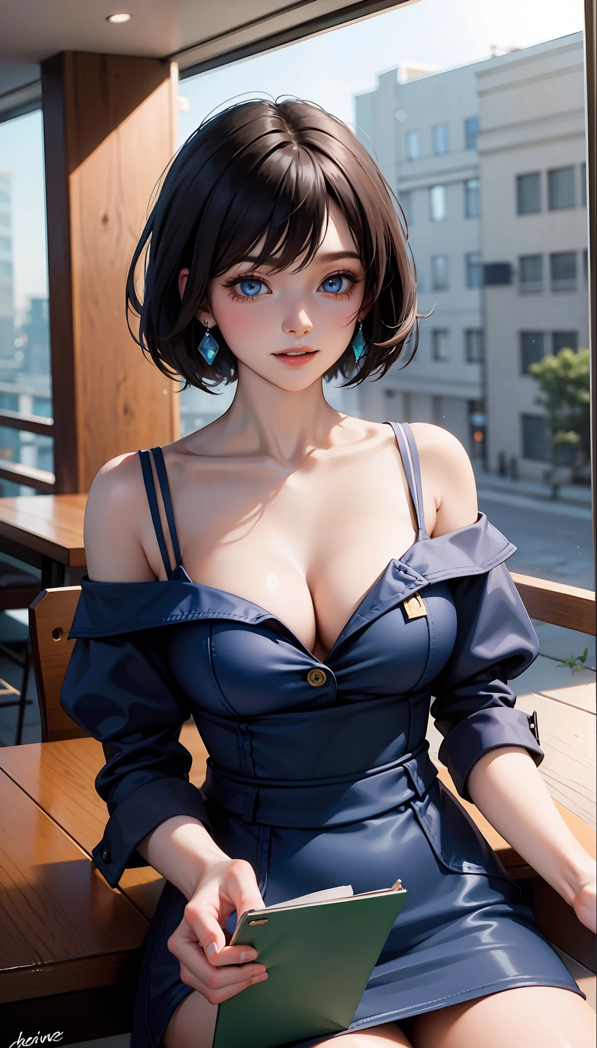 (Representative work: 1.2, highest quality), (1 lady, solo, upper body: 1.2), Clothing: Loose bag, cute short sleeves, accessories: holding a signature pen, Hair: dark blue shoulder length short hair Makeup: Natural, glowing skin, Behavior: Square, sitting at a table, smiling Location: Study, study desk, blue eyes, big, emphasizing cleavage, inviting expression, ecstatic expression
