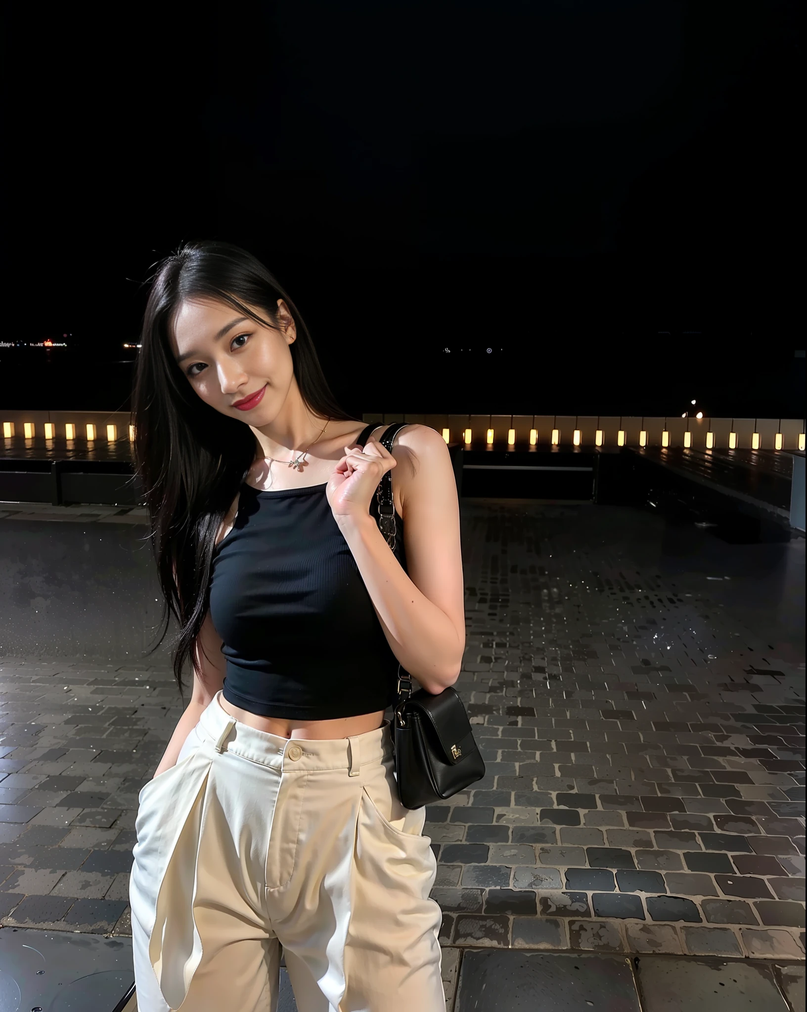 (8k, RAW photo, top quality, masterpiece: 1.2), ultra detail, super resolution, (realistic, real photo: 1.37), portrait, high definition RAW color photo, professional photo, very detailed and beautiful, very detailed, very detailed beautiful girl, very detailed face, very detailed eyes, very detailed skin, very detailed fingers, highly detailed hands, highly detailed nose, Highly detailed detailed mouth, perfect anatomy, highly detailed background, highly detailed clothing, highly detailed bag, sharp focus: 1.2, realistic, beautiful woman with perfect figure: 1.4, slender abs: 1.2, (((black straight hair)), beautiful big, big breasts, (((kpop idol: 1.3)), woman in black top and white pants poses for photo, black tank top, wearing black camisole outfit, wearing black cropped tank top, korean girl, espa karina, big black dot at the bottom left of lip: 1.0, wavy black hair, beautiful black eyes, black eyes, cute smile