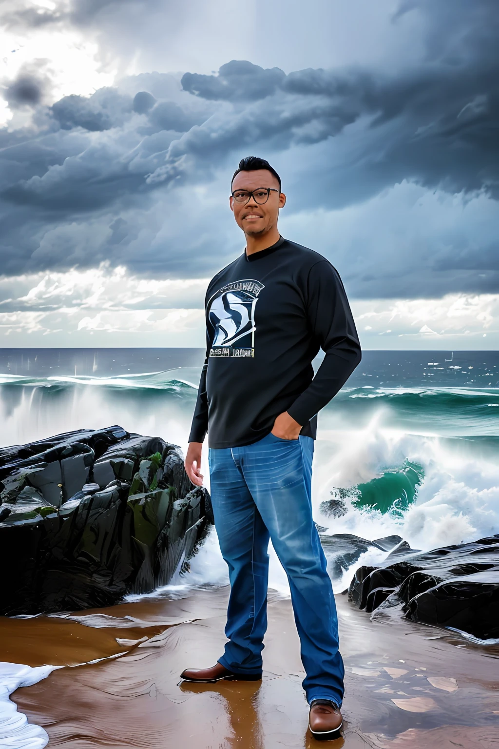 guttonerdvision5, detailed photograph of one (bespectacled man: 1.3), (storm: 1.2), (waves: 1.3), ocean, (lighthouse background: 1.3), (cowboy photo: 1.4), looking at the camera, pose for photography, realistic, masterpiece, high quality, backlighting, (lens reflection:1.1), (flowering:1.1), (chromatic aberration:1.1)