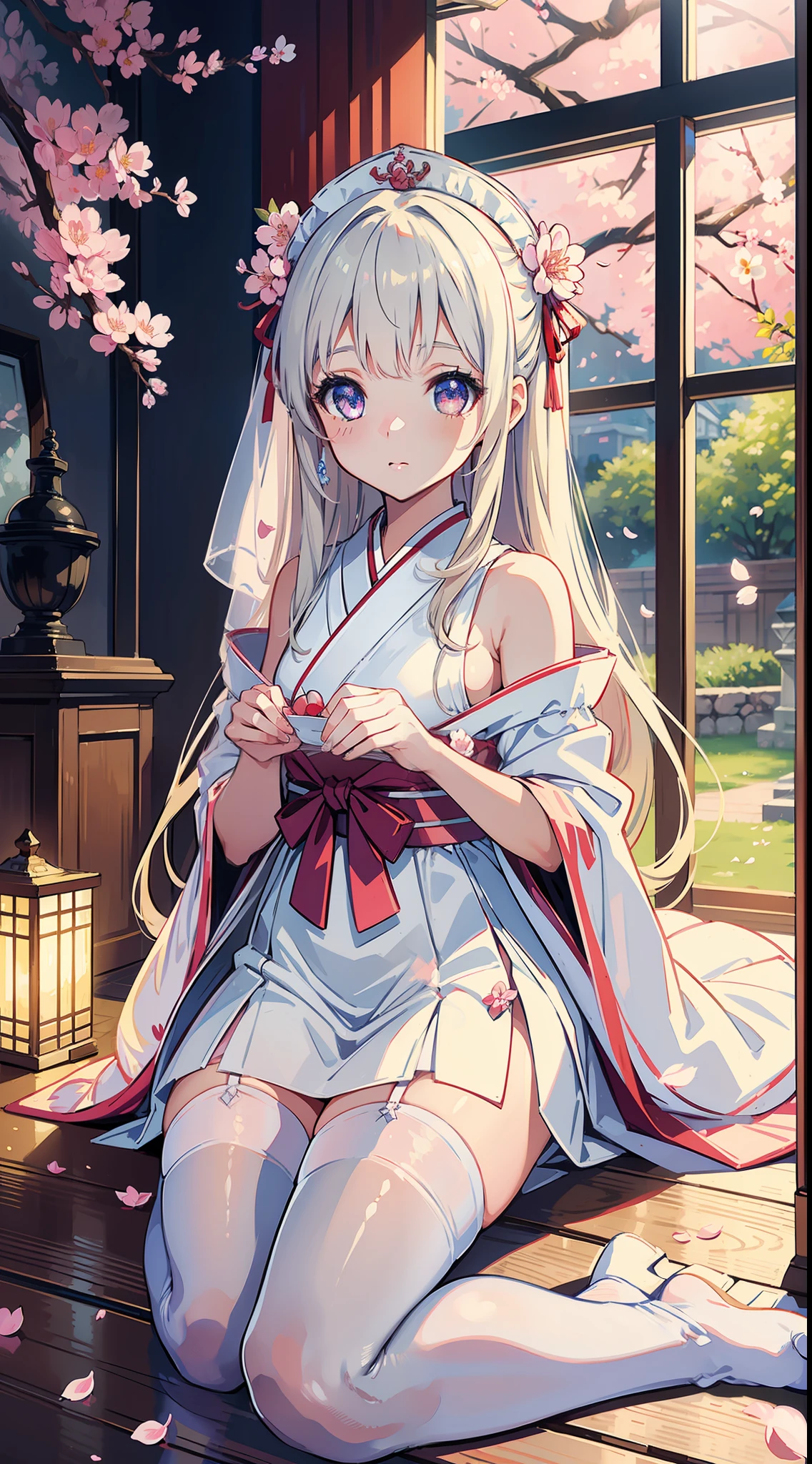 (masterpiece, best quality, ultra-detailed), dress, ribbon,white stockings,little girl, sparkling, jewel-like eyes,indoor、romantic lighting,soft focus, japanese style, cherry blossom petal, wide shot.