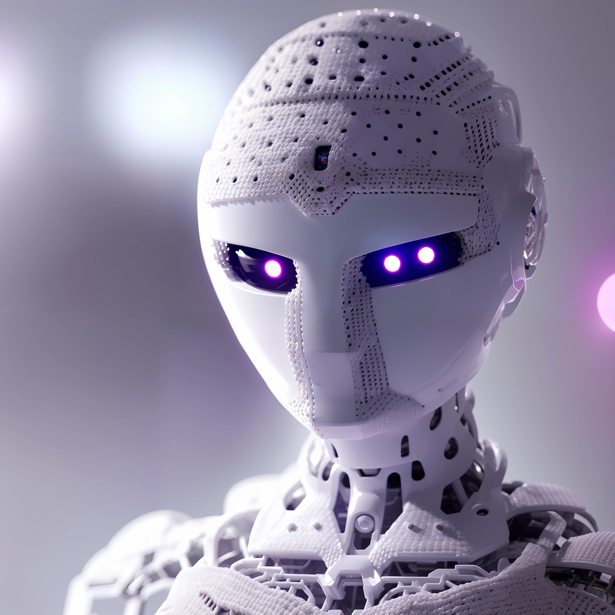 There is a white robot with purple eyes and a crochet lace dress, detailed humanoid, integrated synthetic android, portrait of a futuristic robot, white robot, robot with human face, futuristic robot, intricate trans-human, symmetry! futuristic robotics, porcelain cyborg, portrait of an android, portrait of a humanoid alien, evil artificial intelligence, detailed face of an android