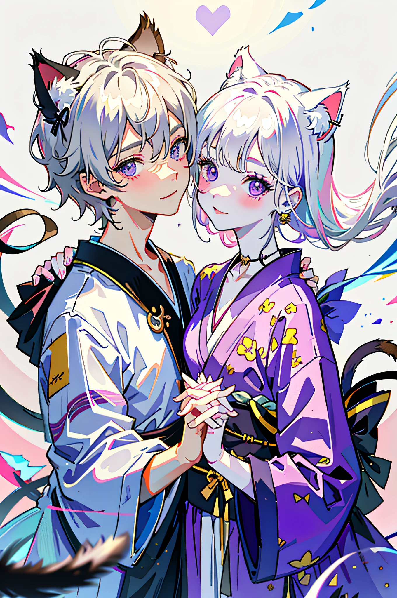 (1boy, 1girl), (cat ears:1.2), short hair, silver hair, white hair, purple eyes, masterpiece, pov, medium breast, absurdres, messy hair, cute smile, winking, blushing, nice hands, simple background, Japanese clothes, kimono, holding hands, floating heart, heart earrings, white hair, full-face blush, looking at another, face-to-face, cat girl, cat boy,