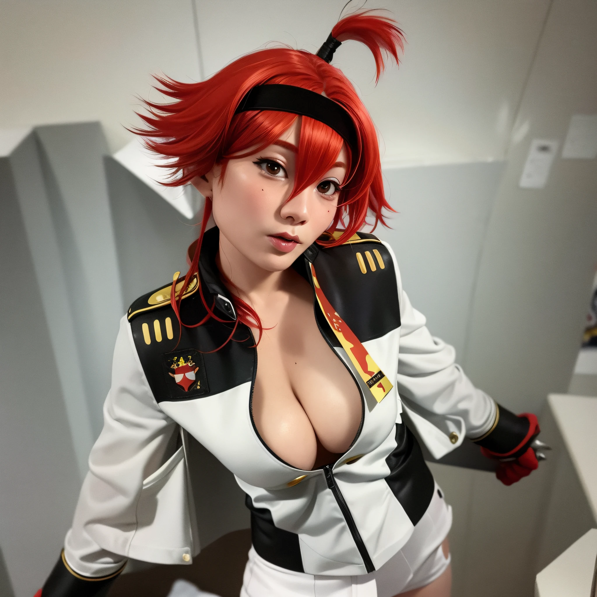 there is a woman with red hair and a white shirt, ayaka cosplay, cosplay, anime cosplay, asuka, cosplay photo, publicity cosplay, asuka suit under clothes!, professional cosplay, cosplayer dressed like a crab, cosplayer, yayoi kasuma, anime girl cosplay, juri misaki, full-cosplay, with red hair