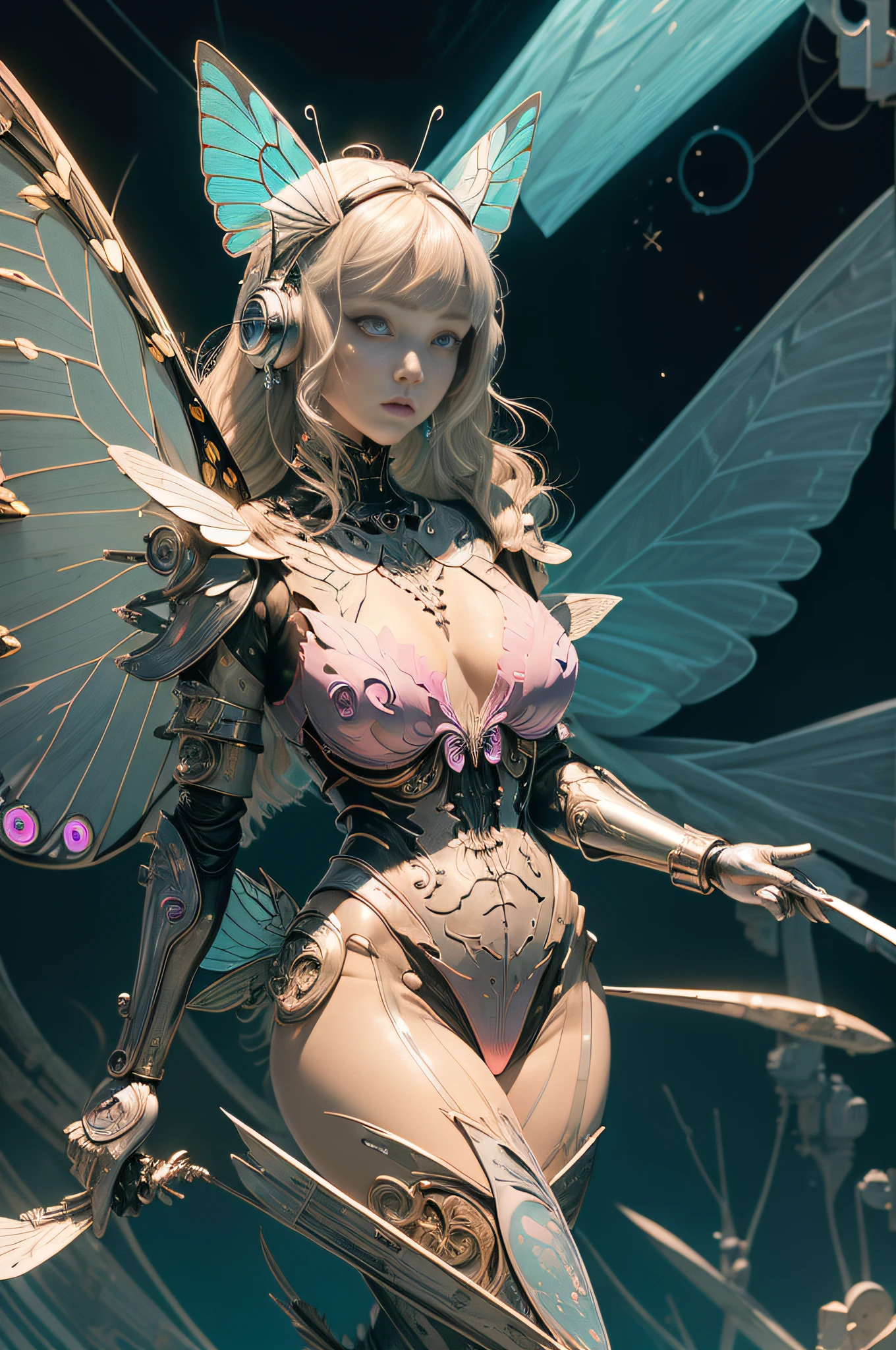 [Detailed illustrations, art based on extremely ideal anatomy, very detailed and detailed drawings, slow and delicate lines, realistic texture expression],(((Color tressed lines)),(Artwork with outstanding craftsmanship),(Laboratory background),HENTAI ANIME [CYBERGirl Beauty ((slender))  (Wavy platinum blonde)] Cyborg,(( Butterfly wings)) Magenta pink Papillon Cyber Armor Cyber Headset ((Transparent Material) Aurora Armor)),(Science Fiction Mechanical Bioengineering),((Fine and Beautiful Skin Expression (Transparency))),((Perfect Eye Details (Beautifully Drawn Iris in Detail))),(Perfect Beautiful Face (Realistic Face Details)),(Perfect and Beautiful Hair Details)),(( Perfectly proportioned proportions)),(Design built to a high level,((Advanced structural understanding)),Ideal color coordination),((Complex decoration (Ultra-dense detail))),(Detail,High Definition),[Ultra-precision detail,HighQuality,High Resolution,(Multilayer texture))],(Accurate simulation of light-material interactions, Understanding of air flow, mechanically correct expression))), ((visual art that conveys a sense of narrative)).