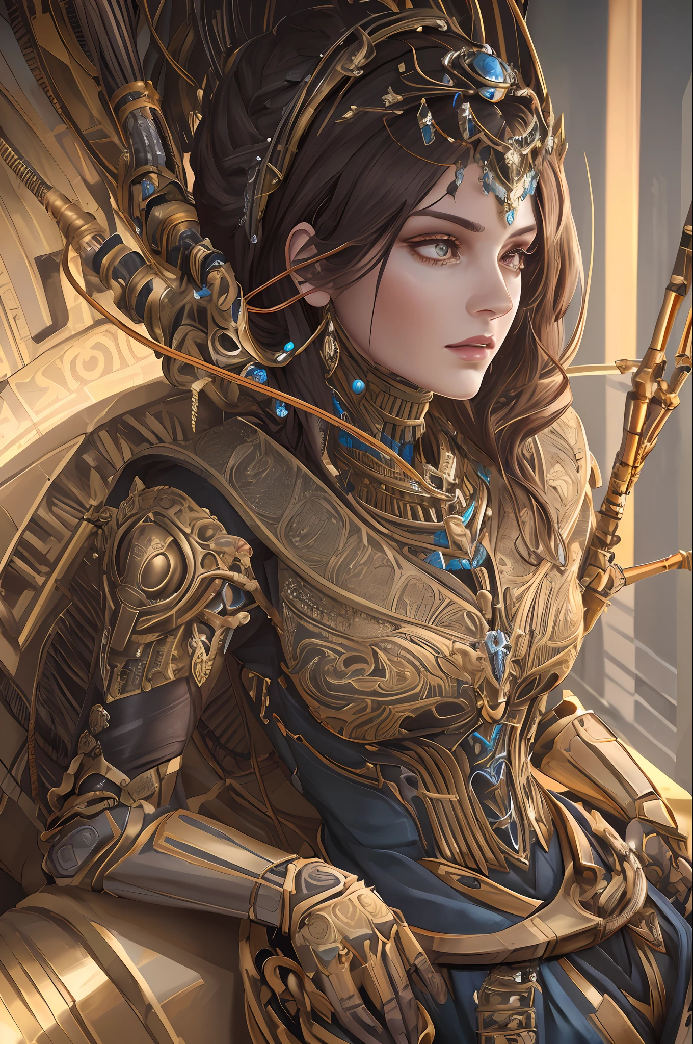 1 mechanical brunette woman, (((ultra realistic details)), portrait, global lighting, shadows, octane render, 8k, ultra sharp, metal, intricate, detailed ornaments, cool colors, egyptian detail, highly intricate details, realistic light, trend in cgsociety, bright eyes, front camera, neon details, mechanical limbs, blood vessels connected to tubes, mechanical vertebra attaching to the back, mechanical cervial attaching to the neck, sitting, wires and cables connecting to the head