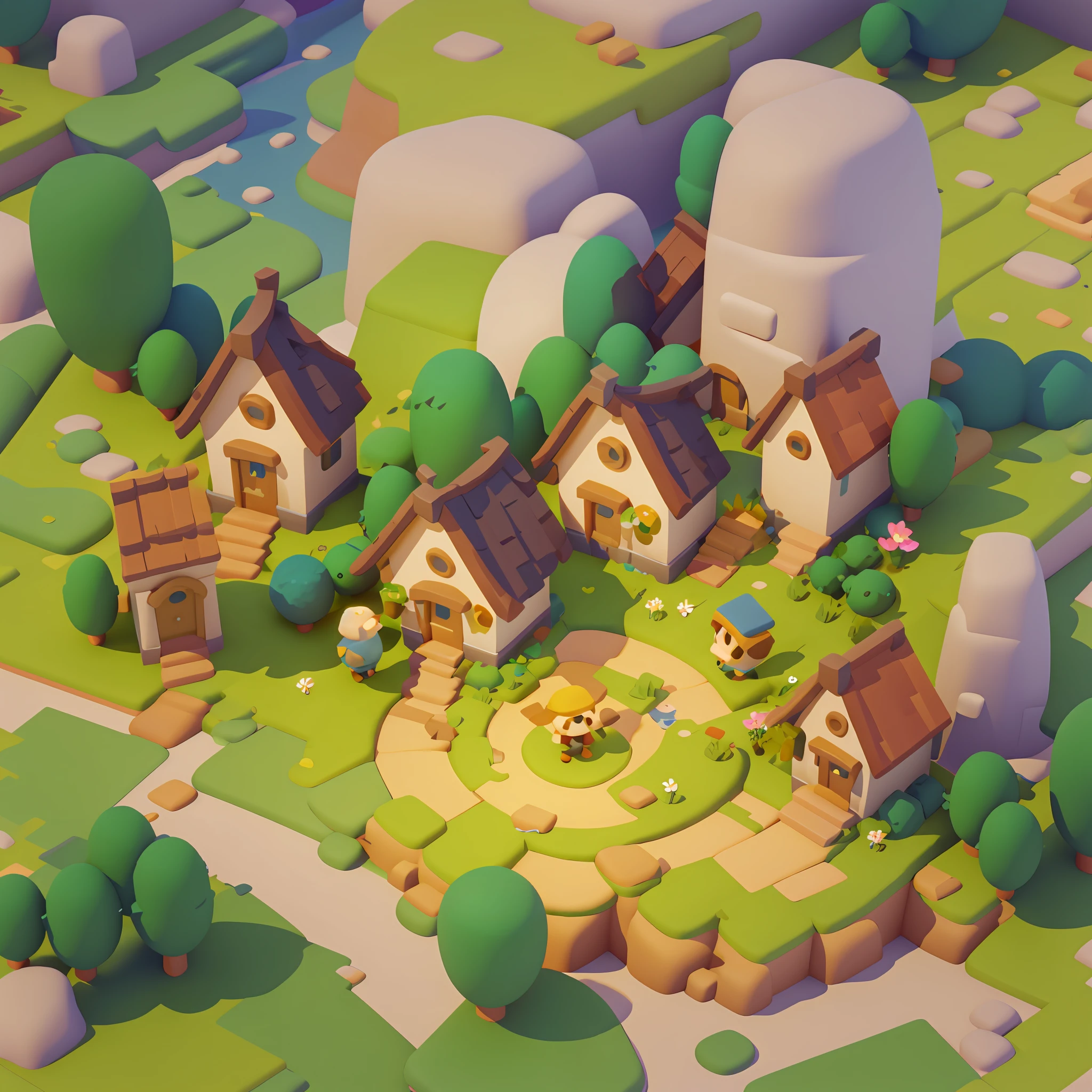 Game architectural design, cartoon, town, stone, brick, meadow, river, flowers, casual game style, 3d, blender, masterpiece, super detail, best quality