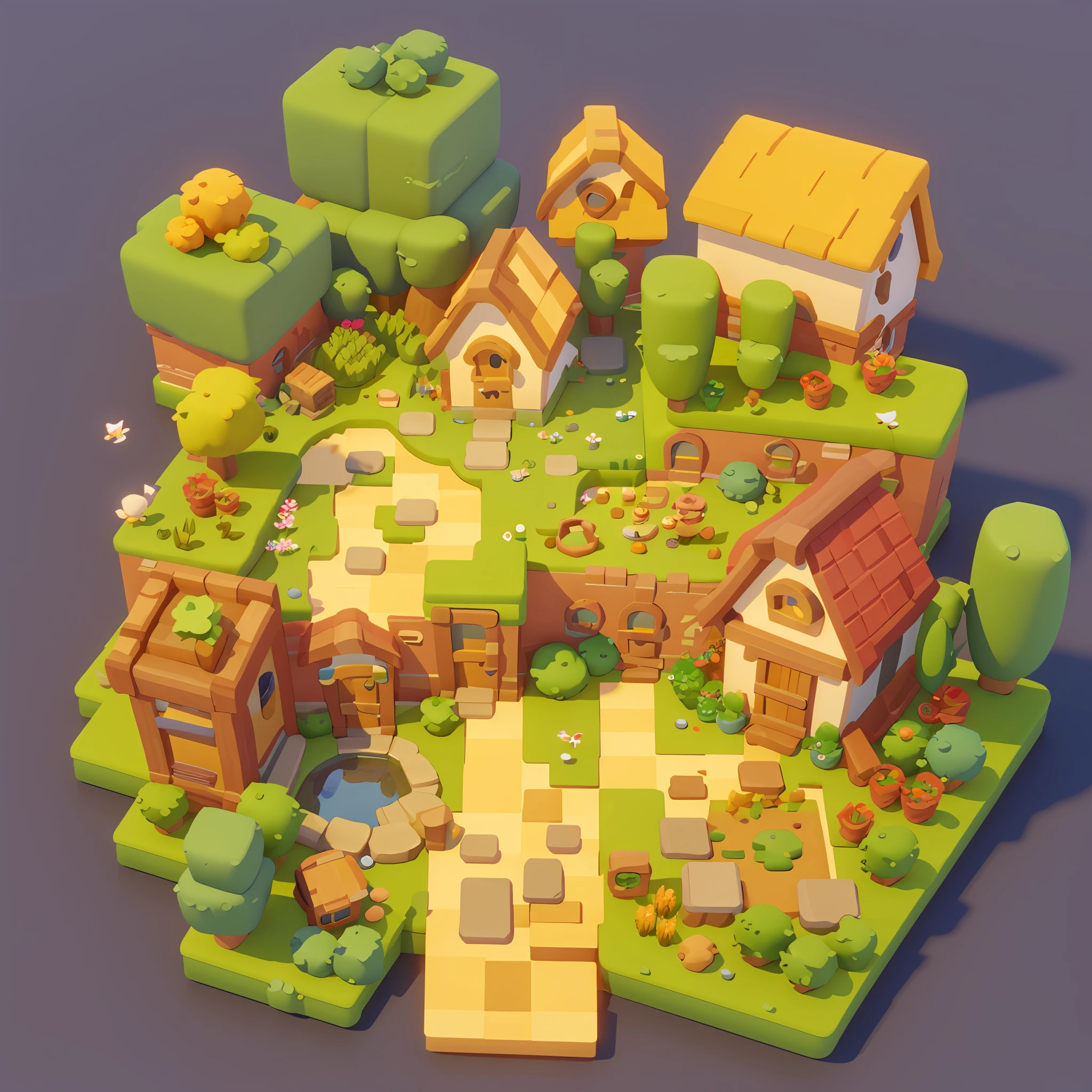 Game architecture design, cartoon, farm, stone, brick, grass, river, flowers, vegetables, wheat, trees, animals, casual play style, 3d, blender, masterpiece, super detail, best quality