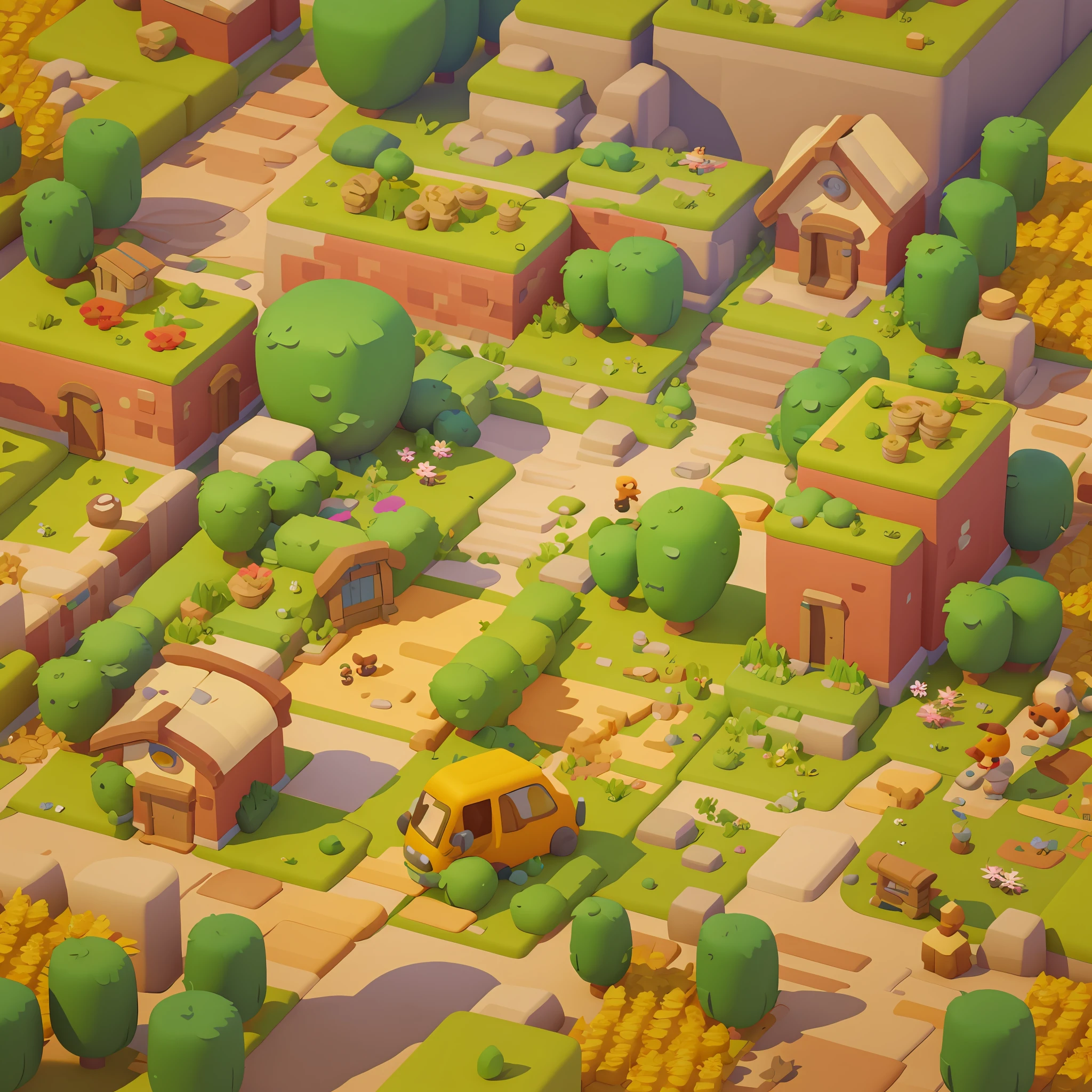 Game architecture design, cartoon, farm, stone, brick, grass, river, flowers, vegetables, wheat, trees, animals, casual play style, 3d, blender, masterpiece, super detail, best quality