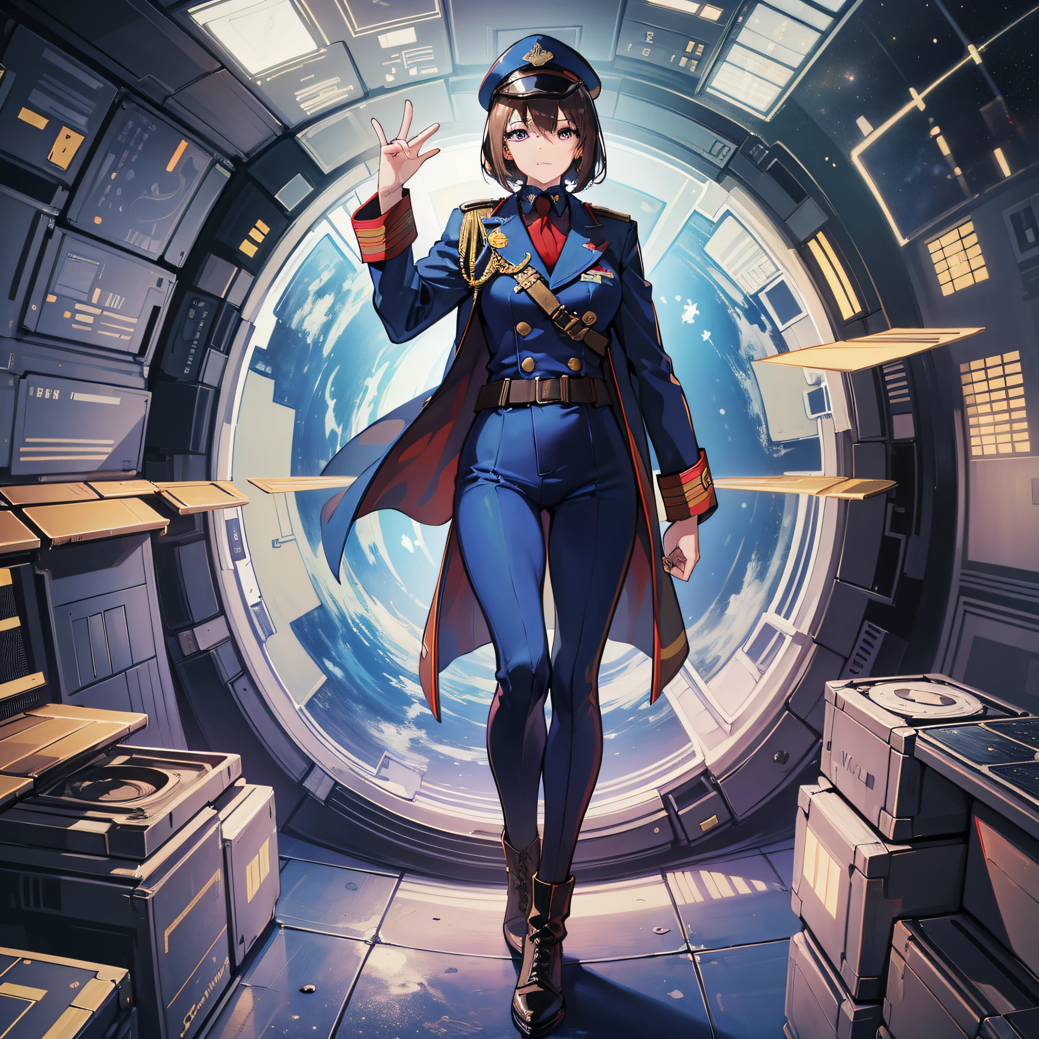 ((Masterpiece)), ((highest image quality)), ((highest image quality)), (illustration of one girl), full body, 25 years old, neutral, elite, brown-haired very short hair, purple eyes, ((tall)), ((muscular strong body)), (military uniform)), ((military hat)), ((military coat)), (dark blue clothes), (dark blue pants), ((red hat)), trench coat, (((in spaceship)), ( Outside the window, space, Earth seen from space, spaceport)