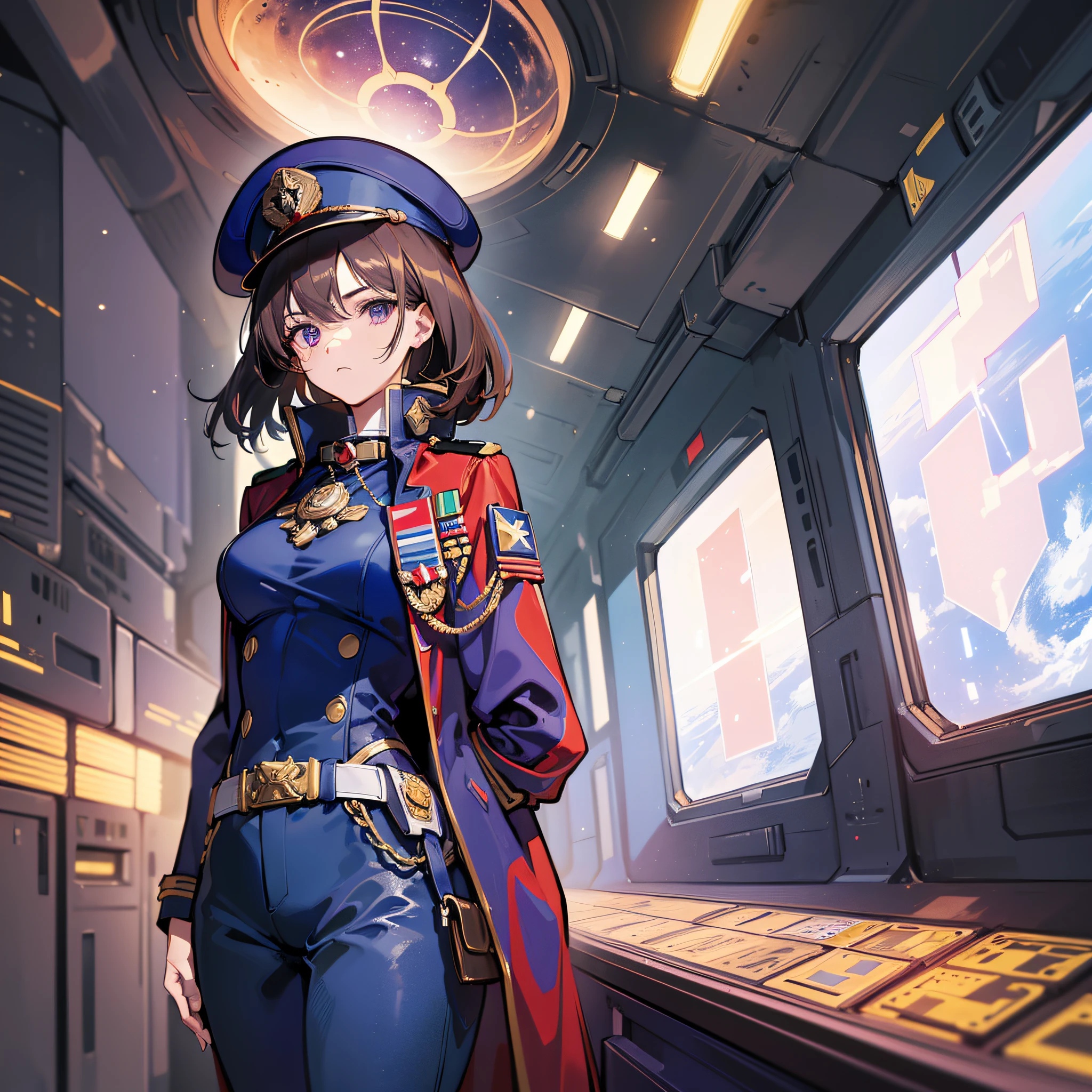((Masterpiece)), ((highest image quality)), ((highest image quality)), (illustration of one girl), full body, 25 years old, neutral, elite, brown-haired very short hair, purple eyes, ((tall)), ((muscular strong body)), (military uniform)), ((military hat)), ((military coat)), (dark blue clothes), (dark blue pants), ((red hat)), trench coat, (((in spaceship)), ( Outside the window, space, Earth seen from space, spaceport)