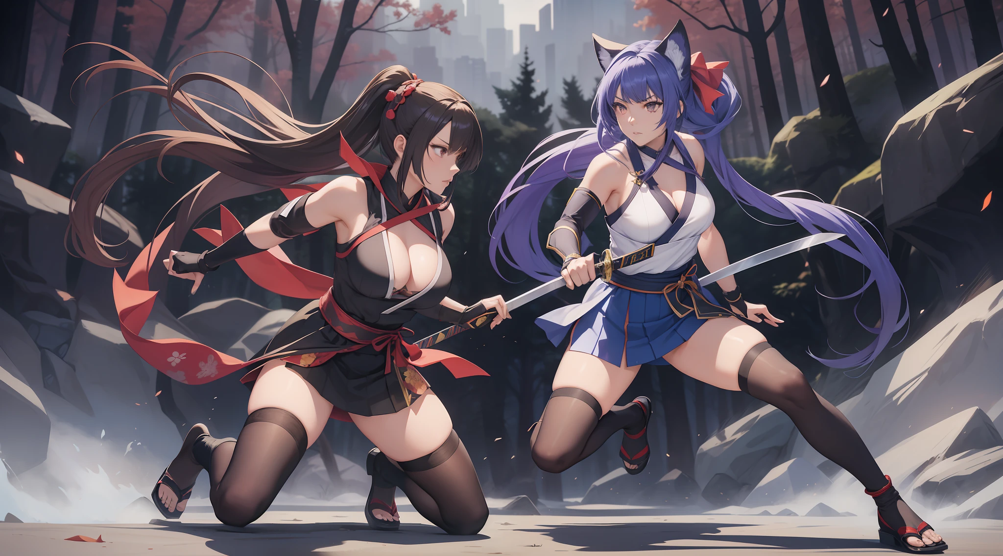Full body shot of two female character from Dead or Alive game. Kasumi versus Ayame, fighting in a fierce duel death match with weapon short swords, with serious expression. Kasumi looking to Ayane, and Ayane looking to Kasumi. They have long loose hairstyle. They are wearing different color of traditional sleeveless kimono, with a floral print skirt, an obi tied on back hip, a pair of thin long black elbow gloves, a pair of 100% black thigh highs, and black shoes. Background set in a dark forest.