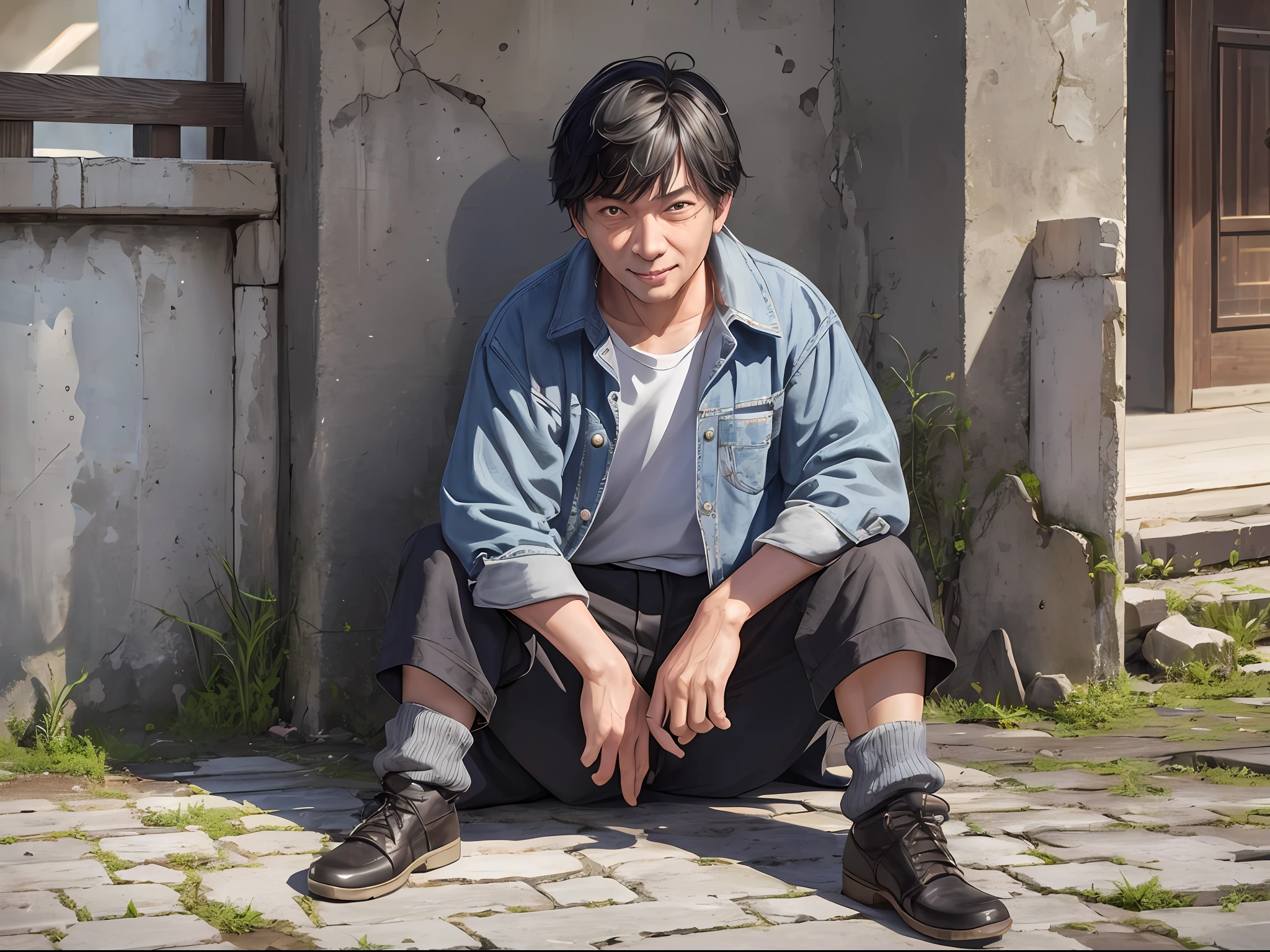 1 silly man, middle-aged man, solo, sloppy, full-body, tortured, painful, thin, cloth ((ultra-realistic details)), Chinese Republic of China style, global illumination, short black hair, shabby clothes, sloppy, 8k, silly smile, a pair of bright eyes, sitting on the ground,