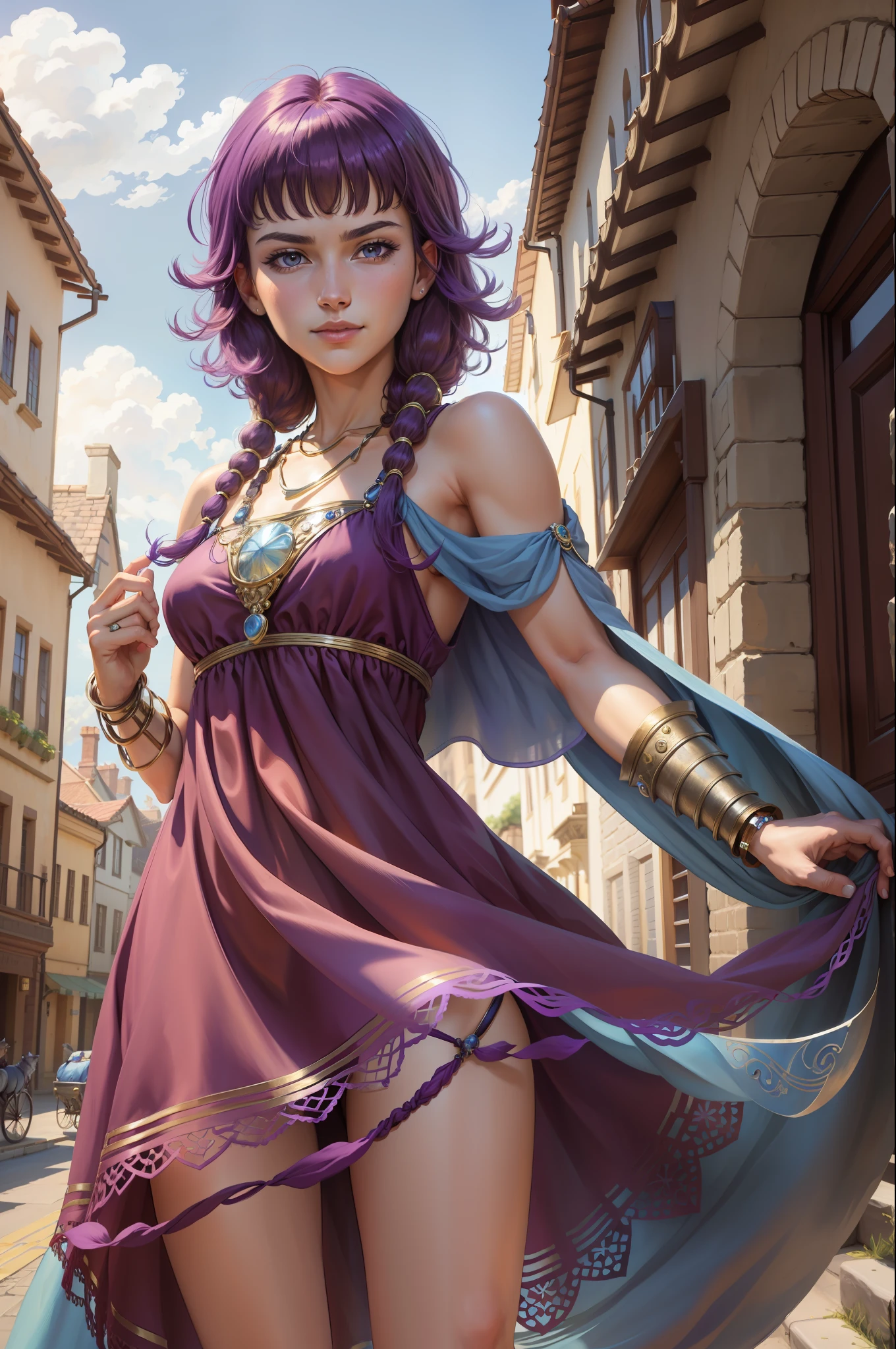 masterpiece, 4K, best quality, FELute, necklace, purple dress, blue cape, bracers, cowboy shot, looking at viewer, smirk, hand up