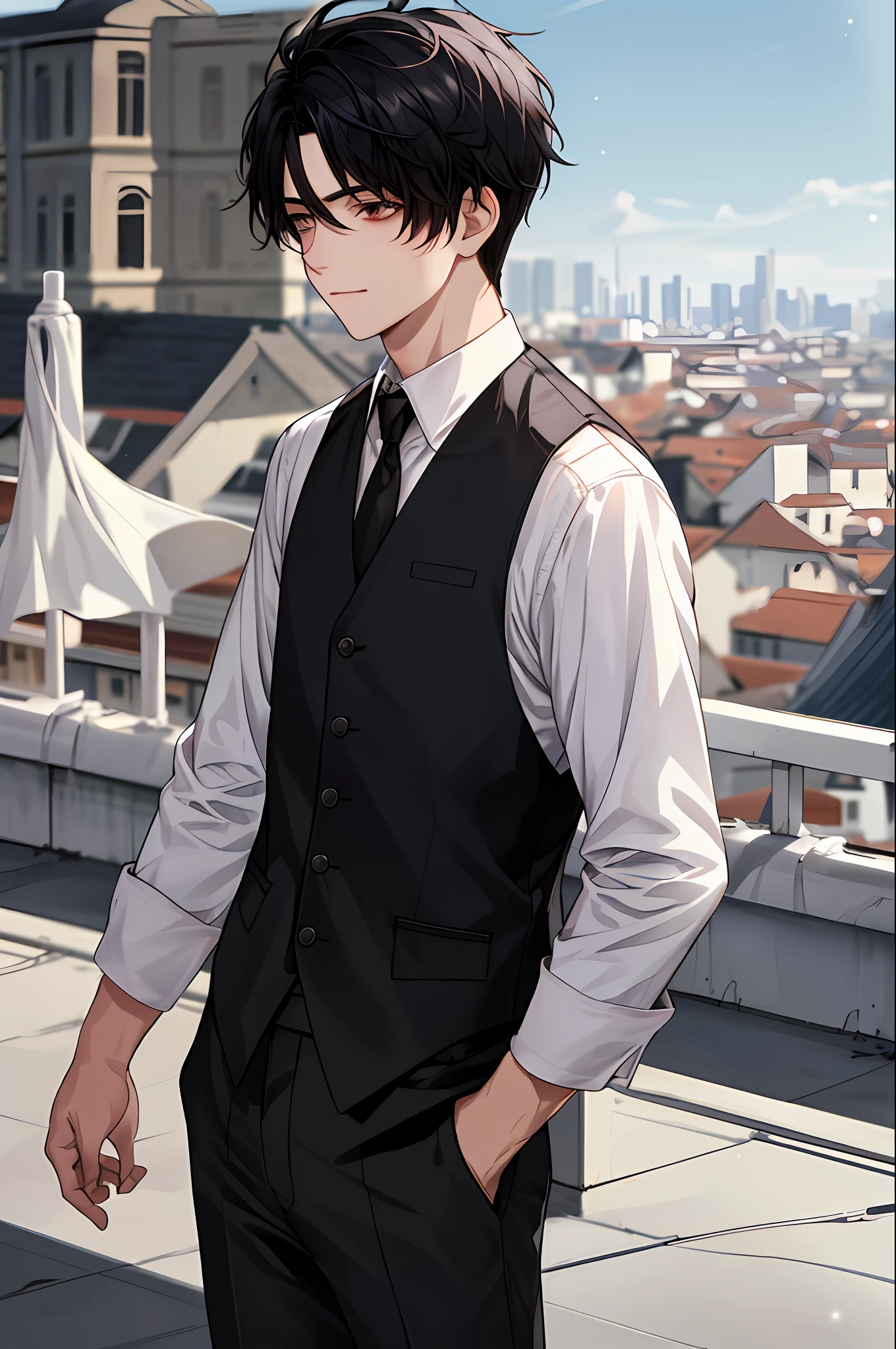 1boy, face focus, junior, white shirt, pants, best quality, middle black hair, face detail, rooftop, building outside window, detail background, diffuse sunlight, depth of field, background bokeh