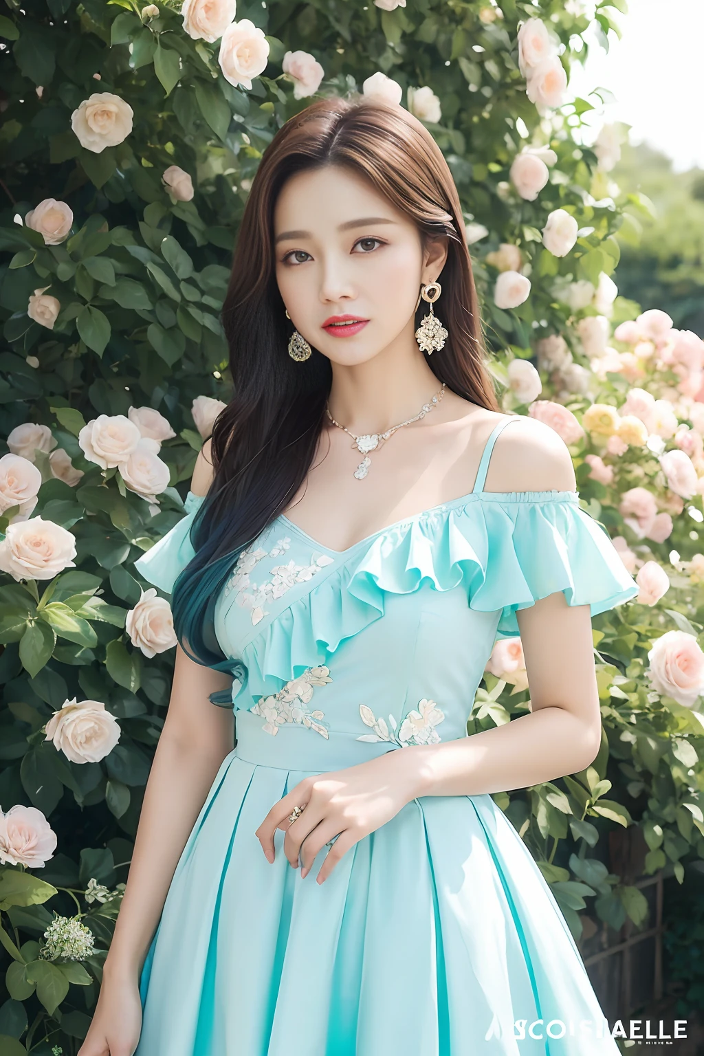 [White: Blue] 0.45] themes, masterpieces, virgin masterpieces, detail visual art, brown eyes, light blue hair, long hair, collarbone, royal princess, elegant and gorgeous adult dress, detail cascade skirt, [detail ruffles: 0.1], [detail ruffles: 0.1], embroidery, [detail princess dress: 0.1], bare shoulders, open crotch, thigh seams, garter, groin, [NSFW|uncensored], (gradient background: 1.1), low wings, flower garden background, necklace, earrings