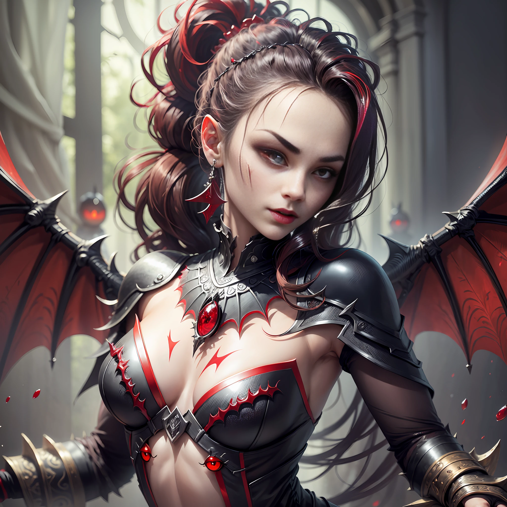 Fine, (Best Illustration), 8k Resolution, Intricate Details, Best Quality, Realistic, Ultra Detailed, Best Lighting, Best Shadows, Ultra HD, A Necromancer, Night, Magic, Dark Style, Vampire, Bat wings, (shining red eyes:1.6), masterpiece, high_res, Beautiful face, tyndall effect, photo realistic, (high detailed skin:1.2), 8k uhd, dslr, high quality, Photograph, high resolution, 4k, 8k, Bokeh, medium breasts, absurdres, ponytail contorted, best ratio four finger and one thumb, --auto --s2