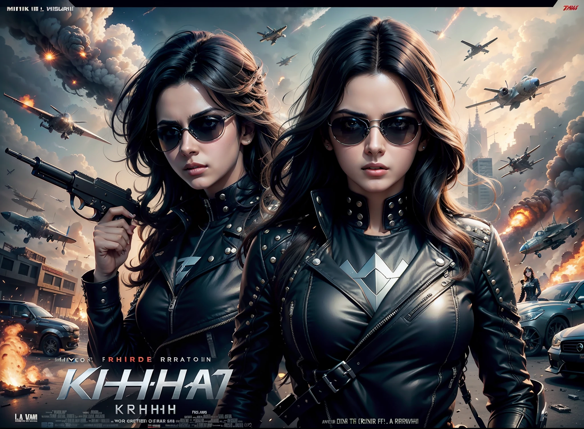 Movie poster krrish, sunglasses, rivets, girl, explosions, guns, cars, planes