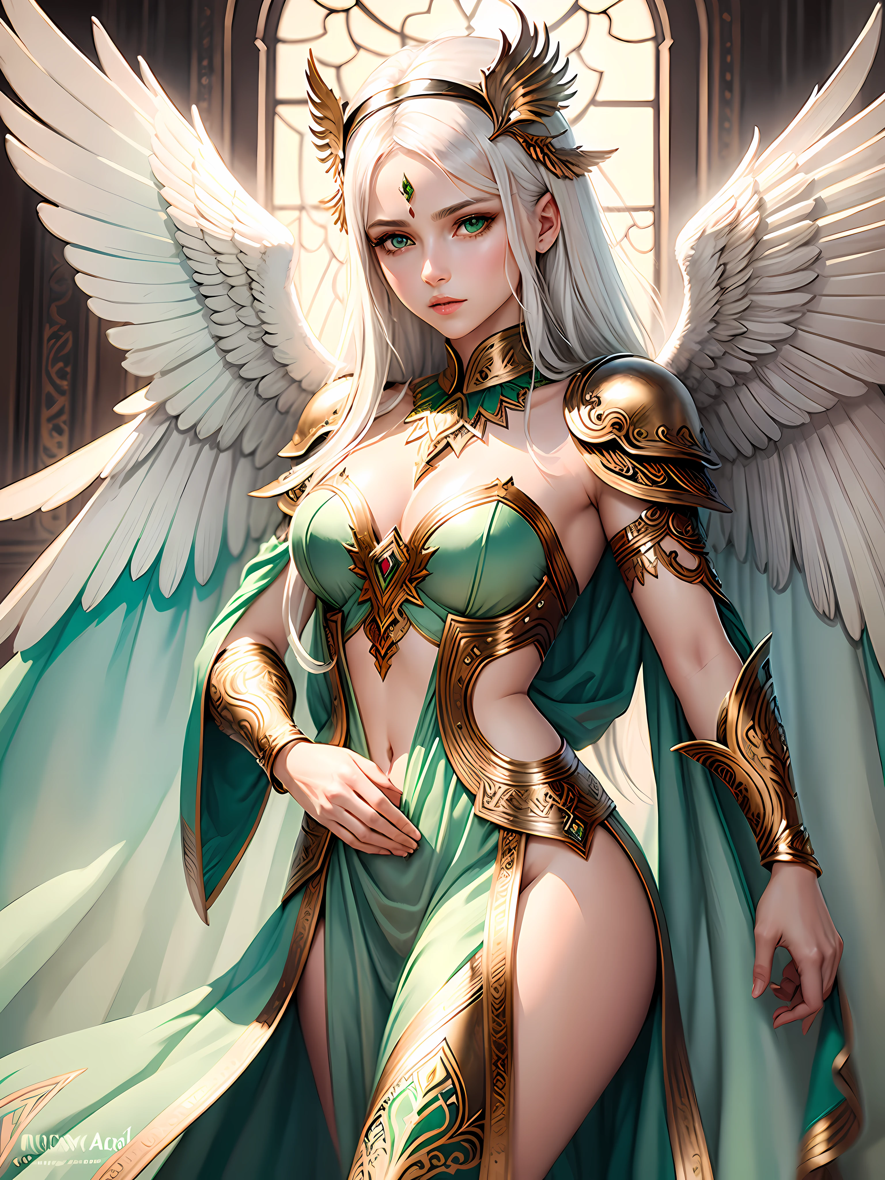 hand drawn sketch illustration of a beautiful angel with white hair, green eyes, broken angelic wings, bronze armor, gem studded, illustration, watercolor sketch, (best quality)), intricate detailed, Indian